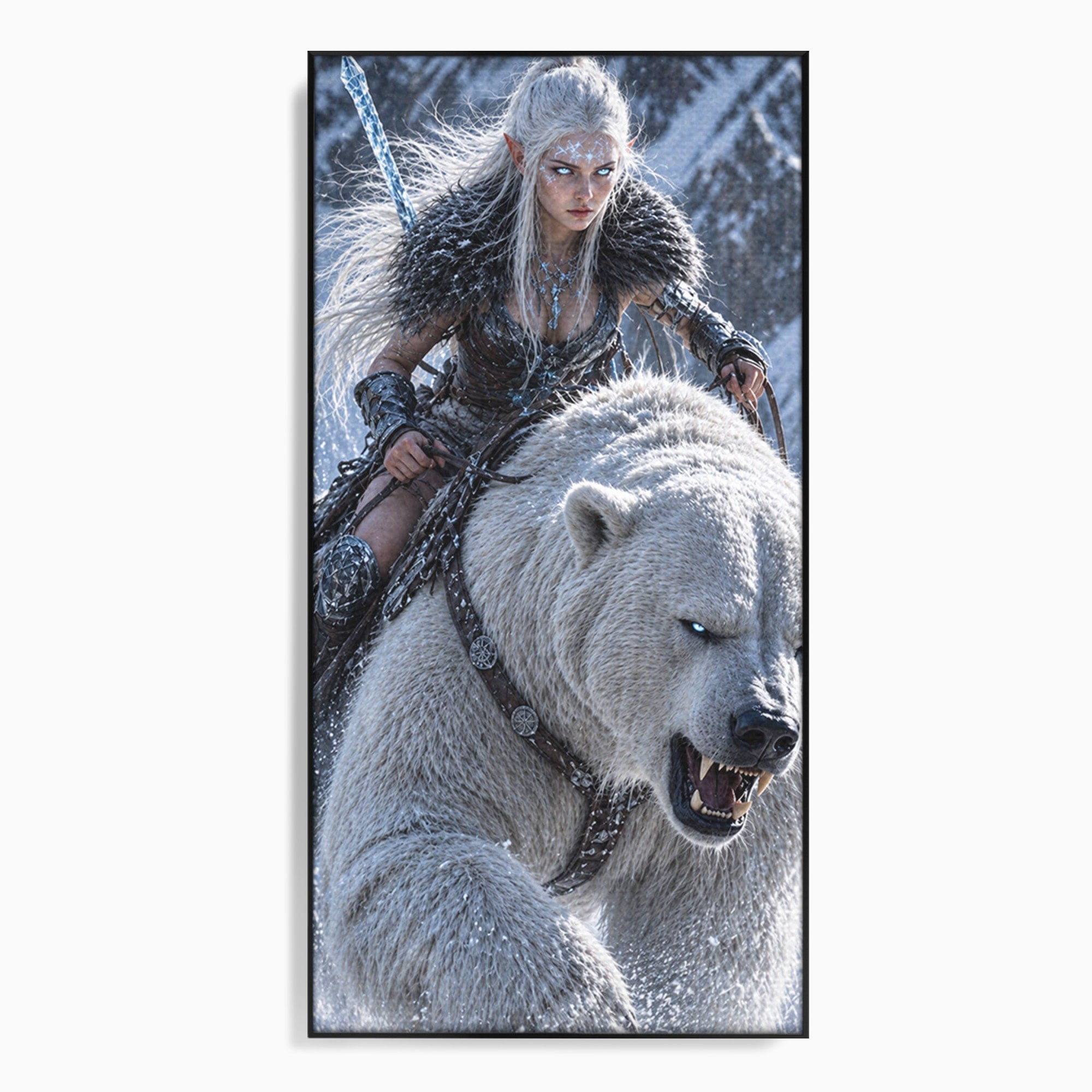 Tablou Canvas Premium LuxCanva® U1121, Razboinica Nordica Pe Urs Polar,  Fantezie, Aventura, Razboinica, Urs,Dormitor, Living, Culori Vibrante