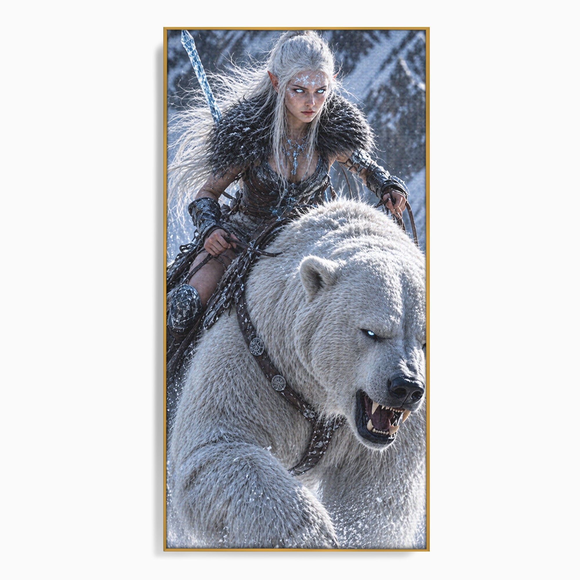 Tablou Canvas Premium LuxCanva® U1121, Razboinica Nordica Pe Urs Polar,  Fantezie, Aventura, Razboinica, Urs,Dormitor, Living, Culori Vibrante