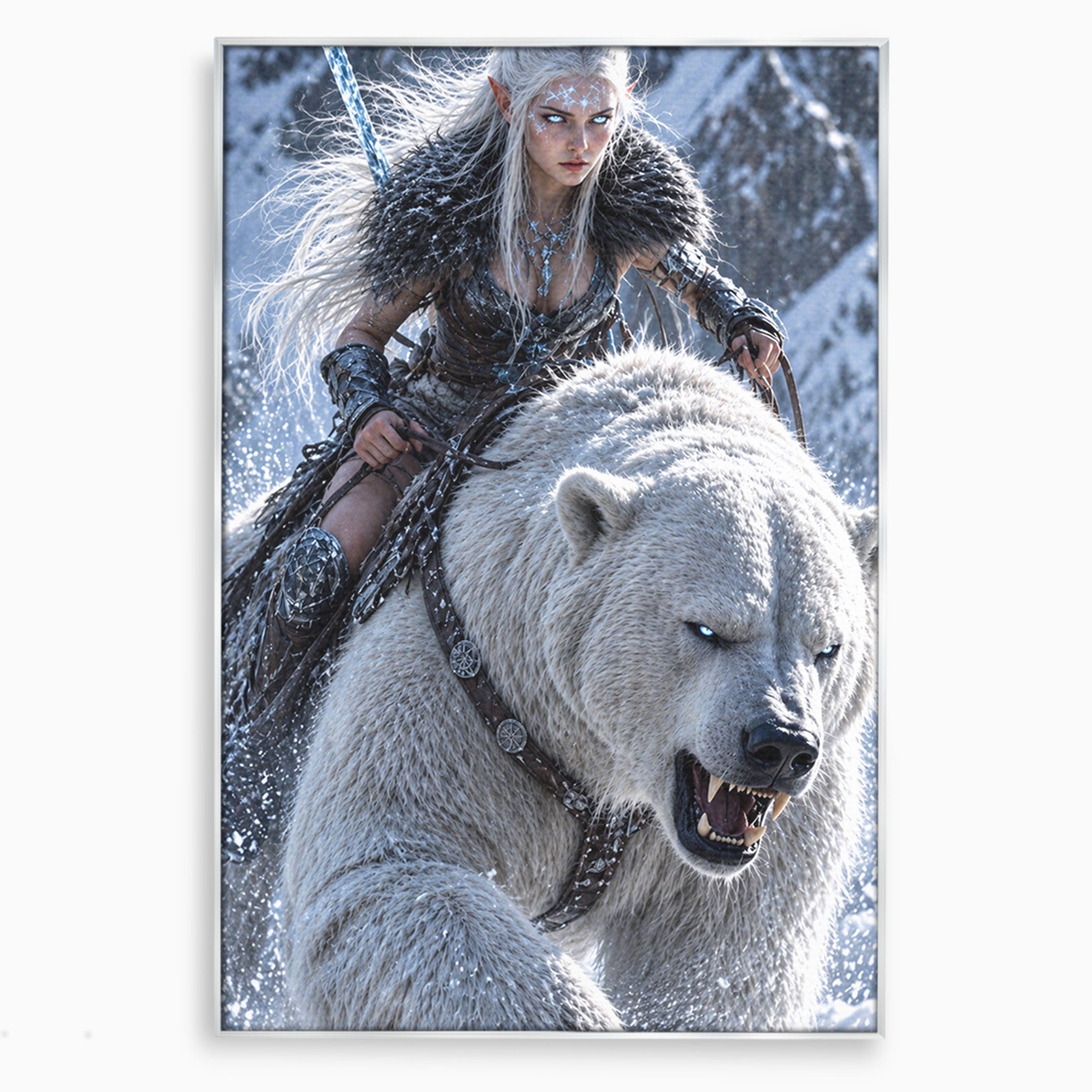 Tablou Canvas Premium LuxCanva® U1121, Razboinica Nordica Pe Urs Polar,  Fantezie, Aventura, Razboinica, Urs,Dormitor, Living, Culori Vibrante