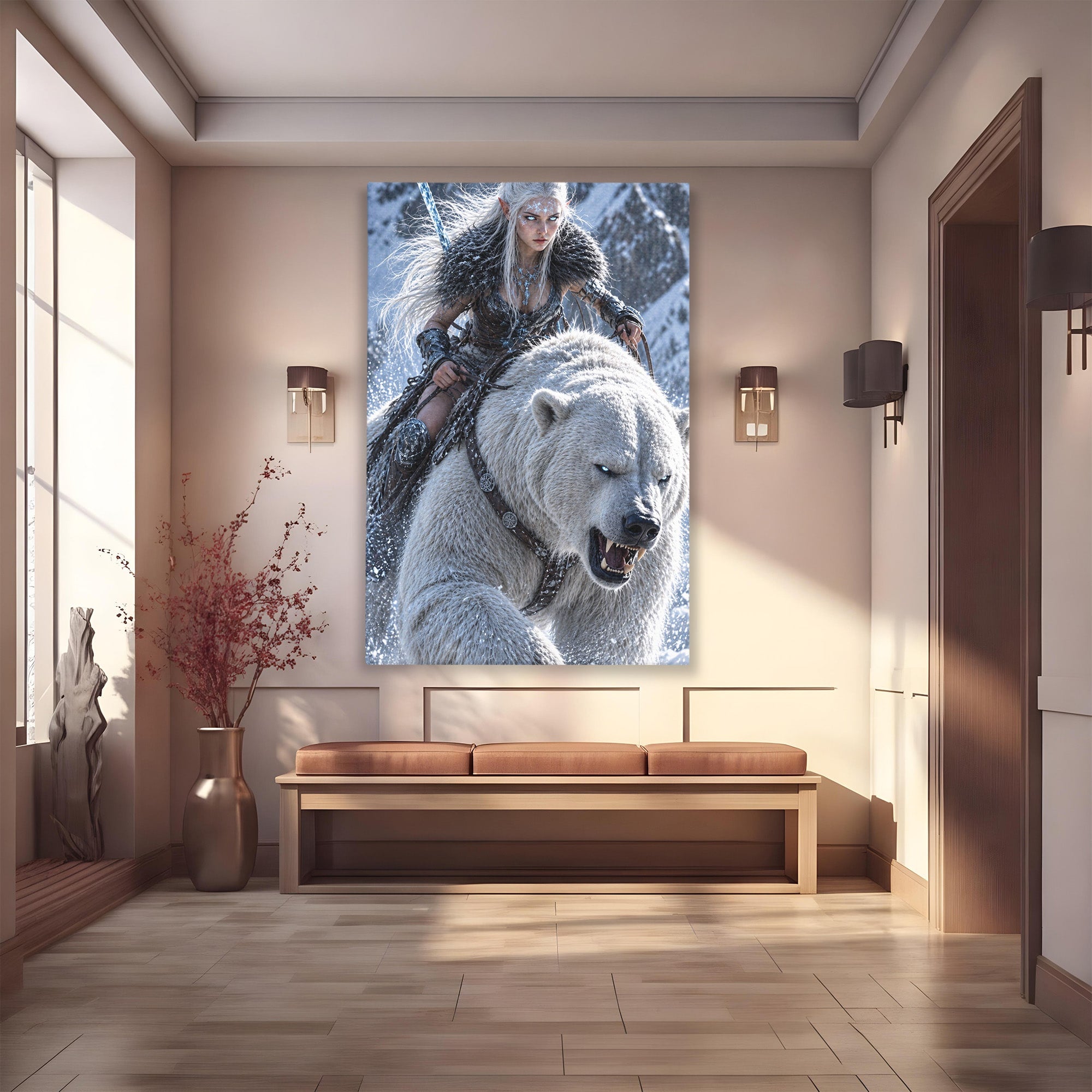 Tablou Canvas Premium LuxCanva® U1121, Razboinica Nordica Pe Urs Polar,  Fantezie, Aventura, Razboinica, Urs,Dormitor, Living, Culori Vibrante