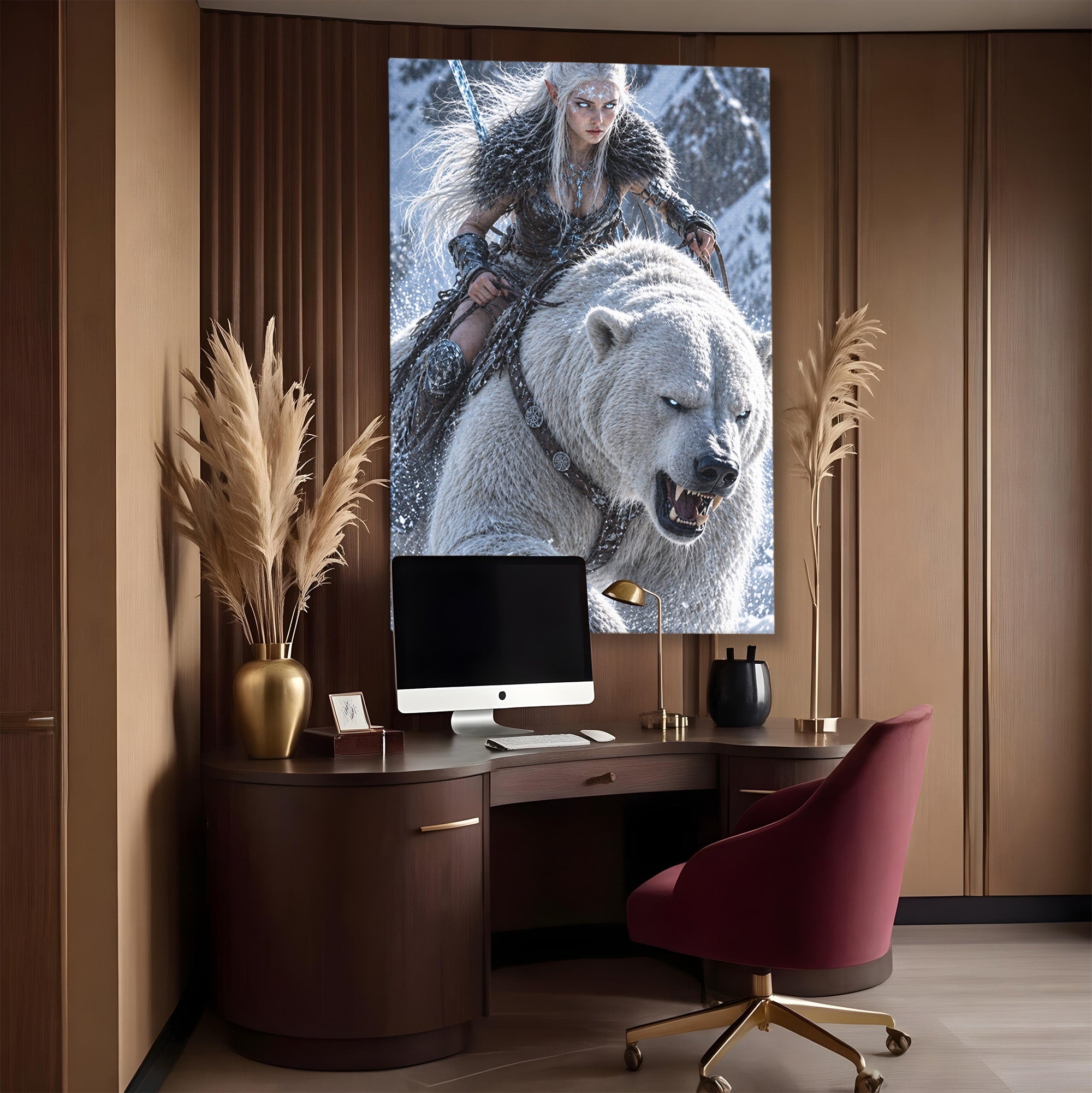 Tablou Canvas Premium LuxCanva® U1121, Razboinica Nordica Pe Urs Polar,  Fantezie, Aventura, Razboinica, Urs,Dormitor, Living, Culori Vibrante