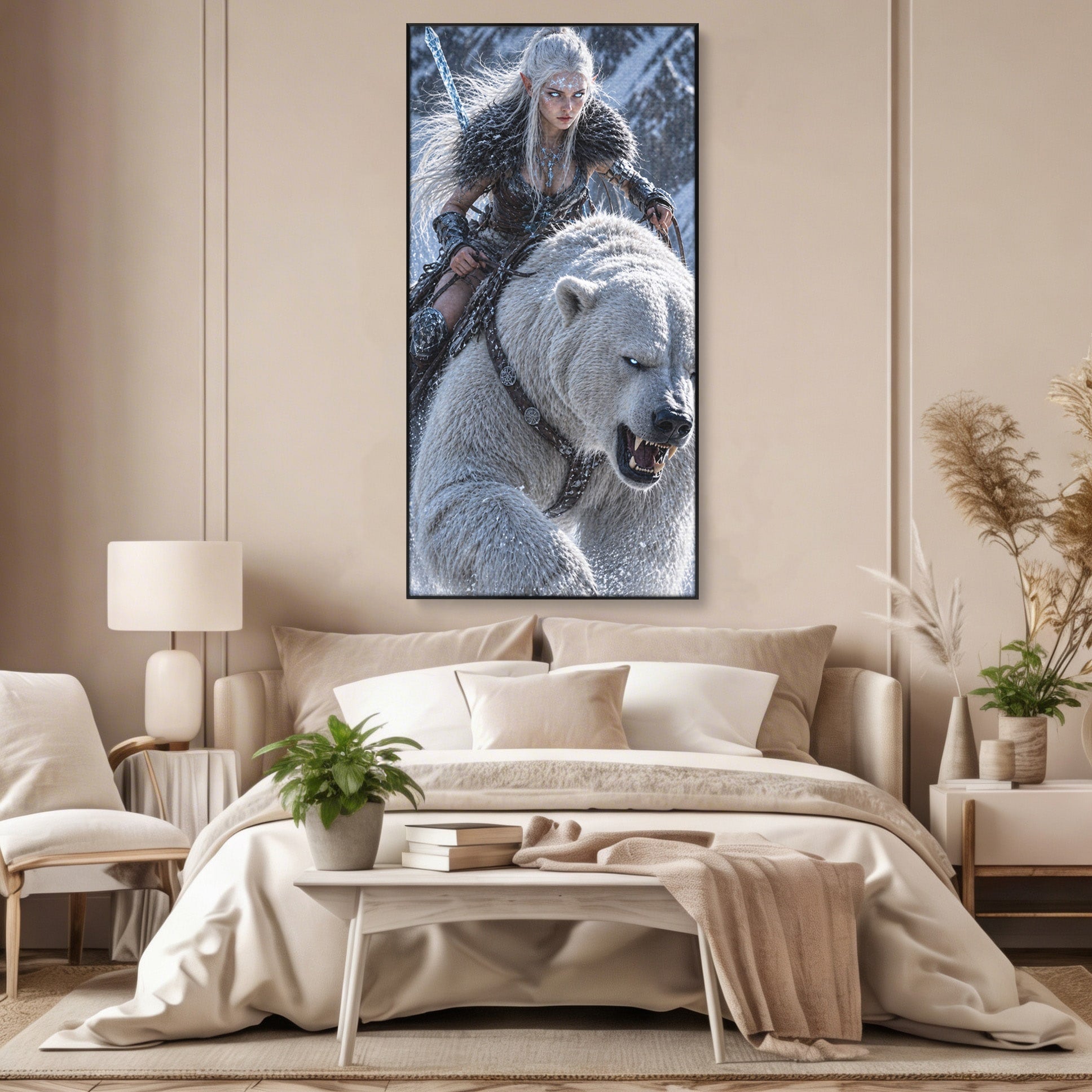 Tablou Canvas Premium LuxCanva® U1121, Razboinica Nordica Pe Urs Polar,  Fantezie, Aventura, Razboinica, Urs,Dormitor, Living, Culori Vibrante