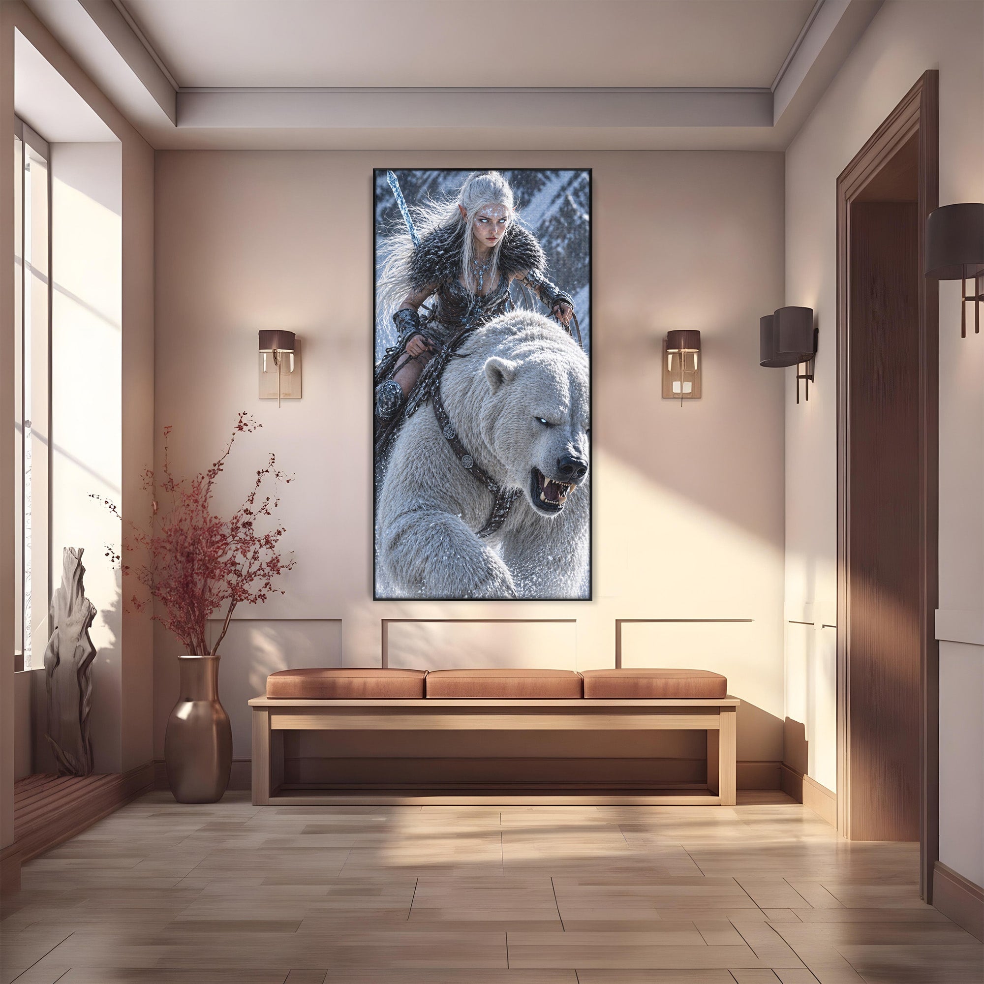 Tablou Canvas Premium LuxCanva® U1121, Razboinica Nordica Pe Urs Polar,  Fantezie, Aventura, Razboinica, Urs,Dormitor, Living, Culori Vibrante