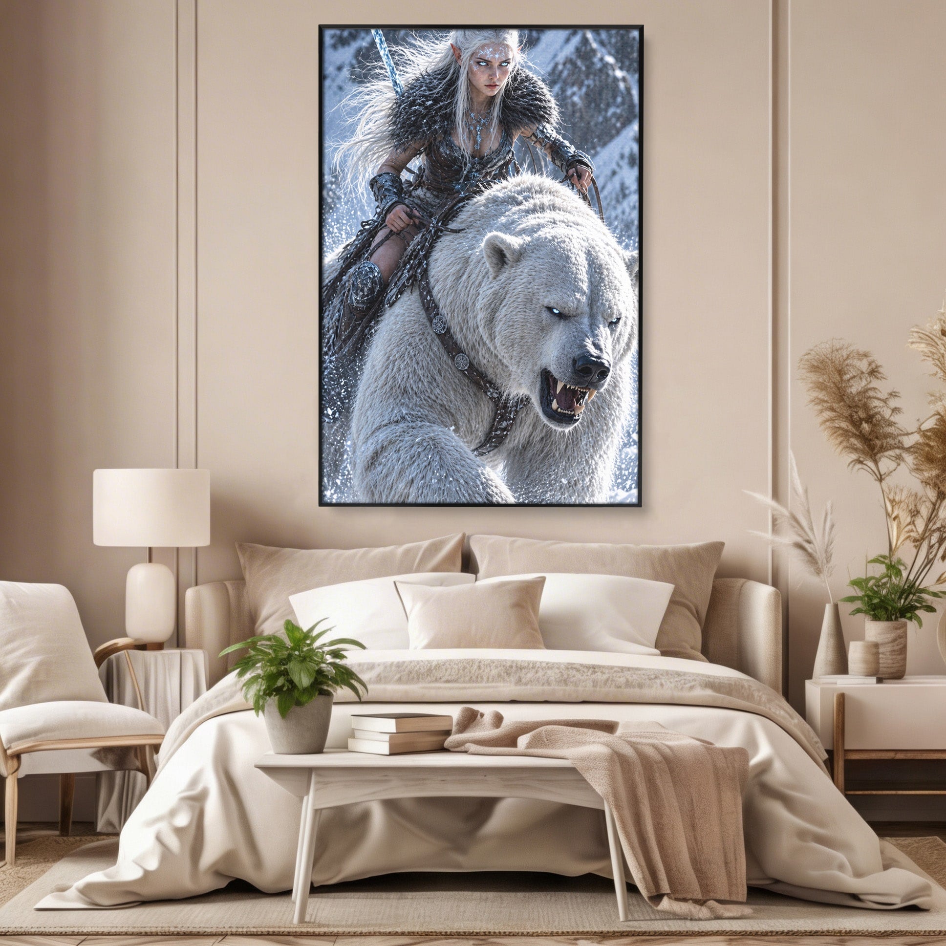 Tablou Canvas Premium LuxCanva® U1121, Razboinica Nordica Pe Urs Polar,  Fantezie, Aventura, Razboinica, Urs,Dormitor, Living, Culori Vibrante