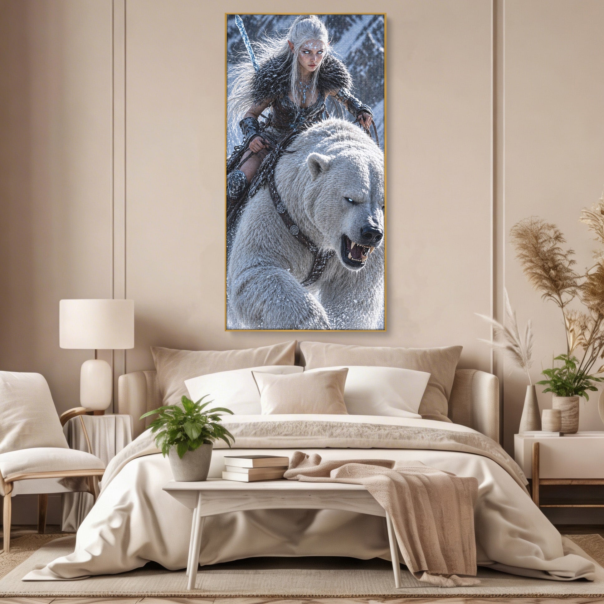 Tablou Canvas Premium LuxCanva® U1121, Razboinica Nordica Pe Urs Polar,  Fantezie, Aventura, Razboinica, Urs,Dormitor, Living, Culori Vibrante