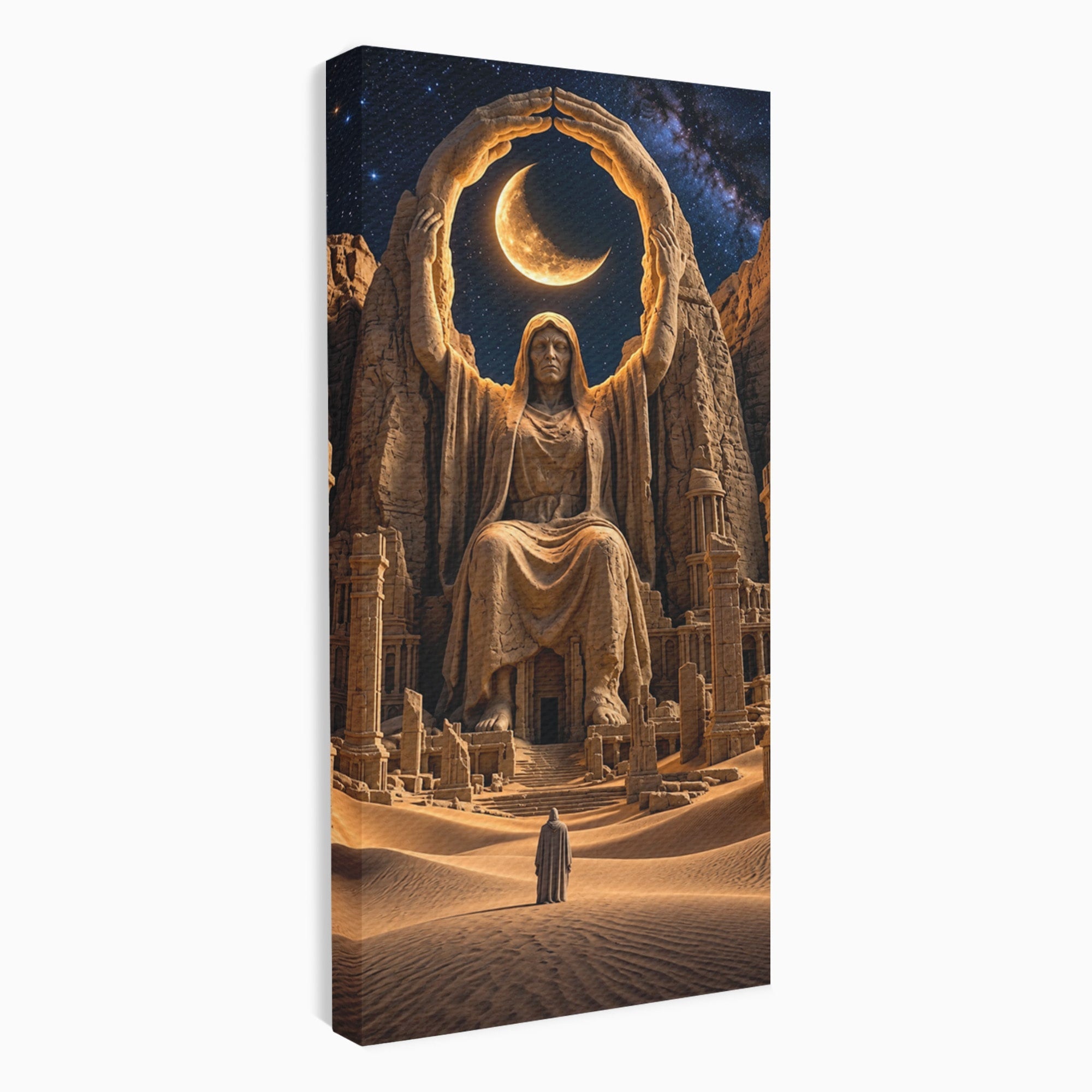 Tablou Canvas Premium LuxCanva® U1123, Zeitate Asezata Sub Luna, Desert, Statuie, Mister, Noapte, Zeitate, Living, Culori Vibrante