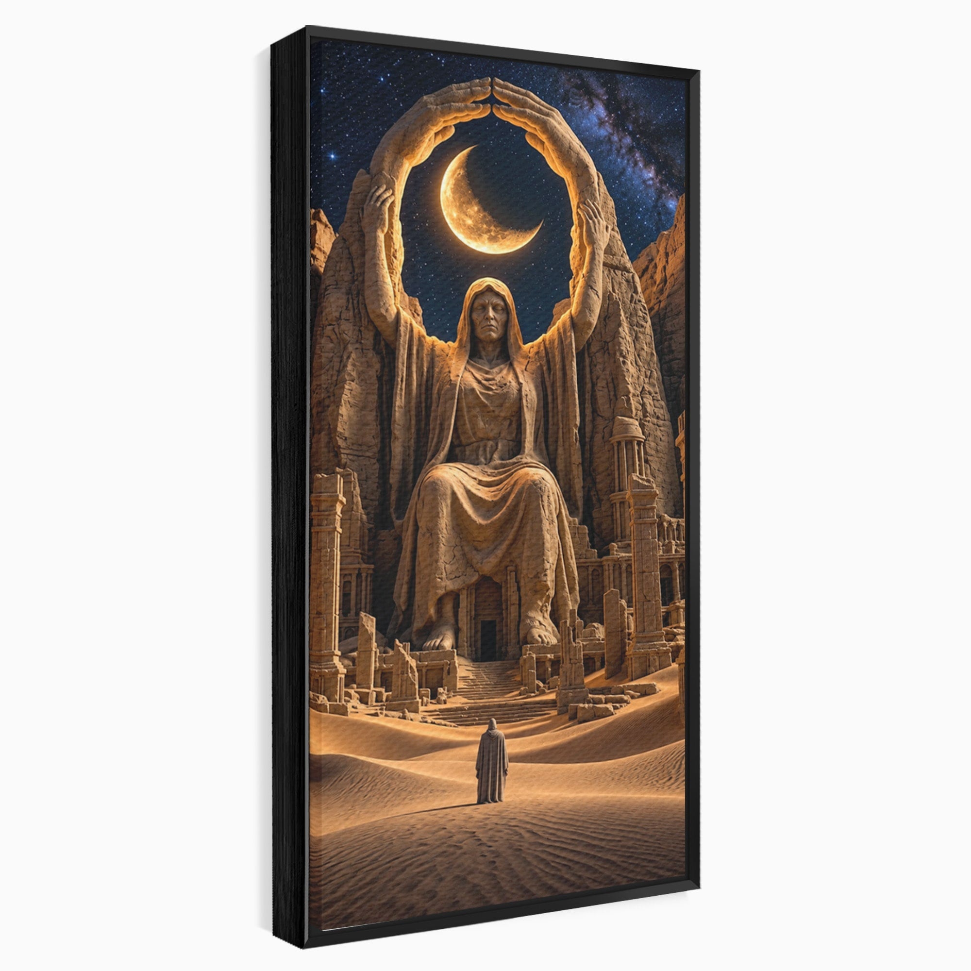 Tablou Canvas Premium LuxCanva® U1123, Zeitate Asezata Sub Luna, Desert, Statuie, Mister, Noapte, Zeitate, Living, Culori Vibrante