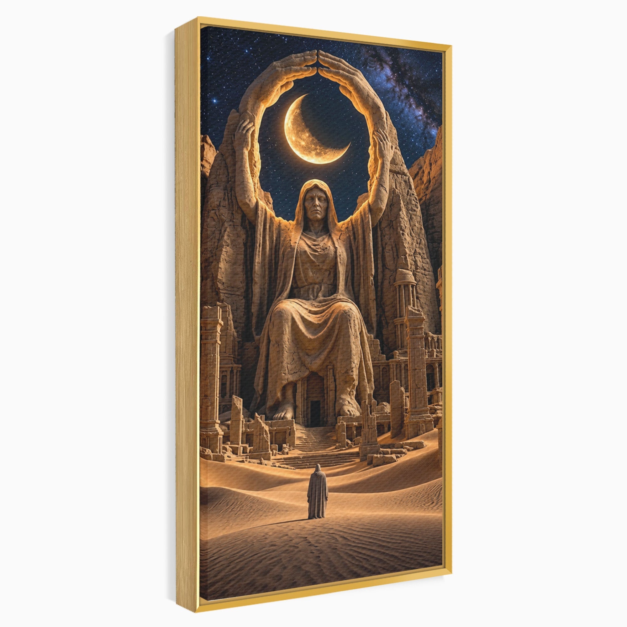 Tablou Canvas Premium LuxCanva® U1123, Zeitate Asezata Sub Luna, Desert, Statuie, Mister, Noapte, Zeitate, Living, Culori Vibrante
