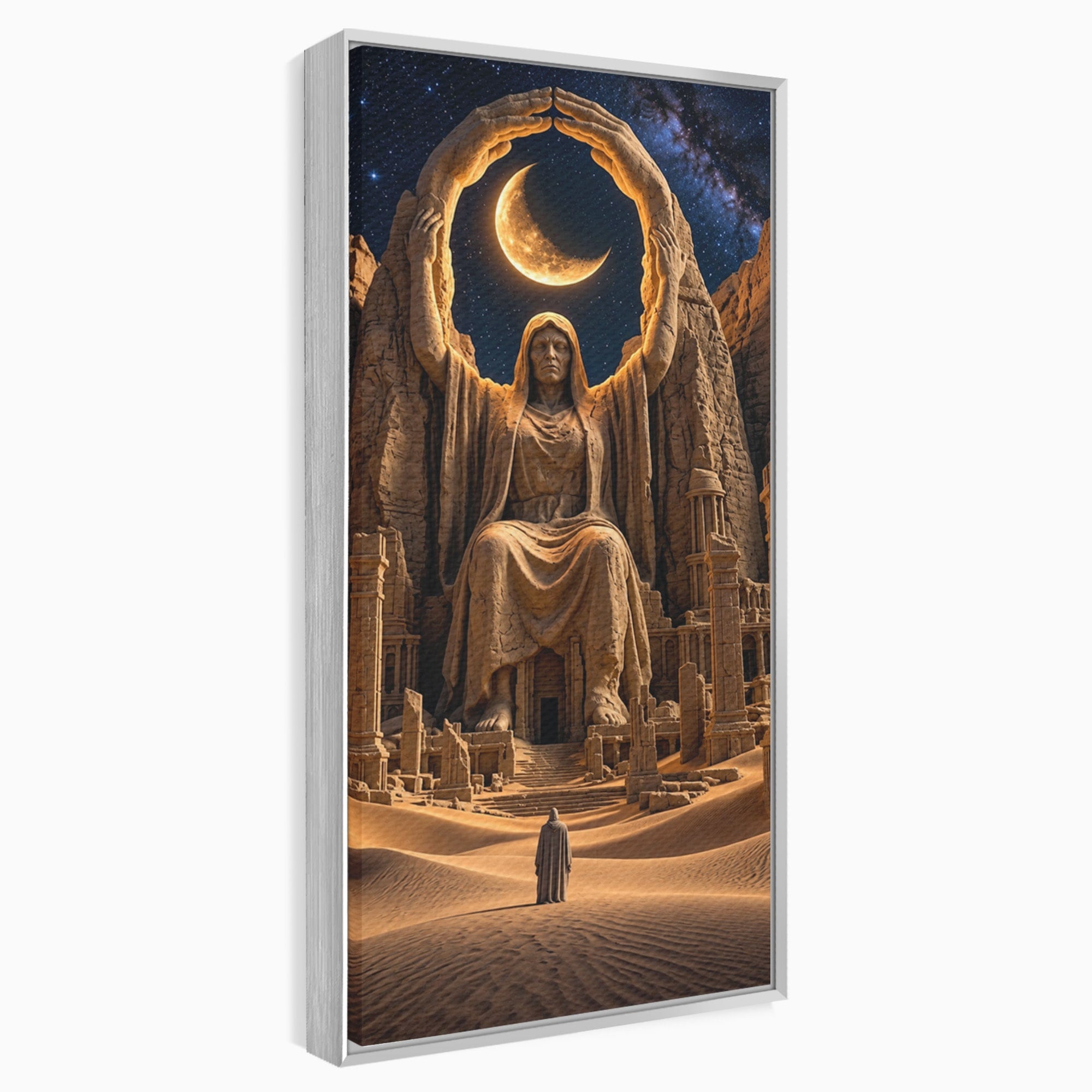 Tablou Canvas Premium LuxCanva® U1123, Zeitate Asezata Sub Luna, Desert, Statuie, Mister, Noapte, Zeitate, Living, Culori Vibrante