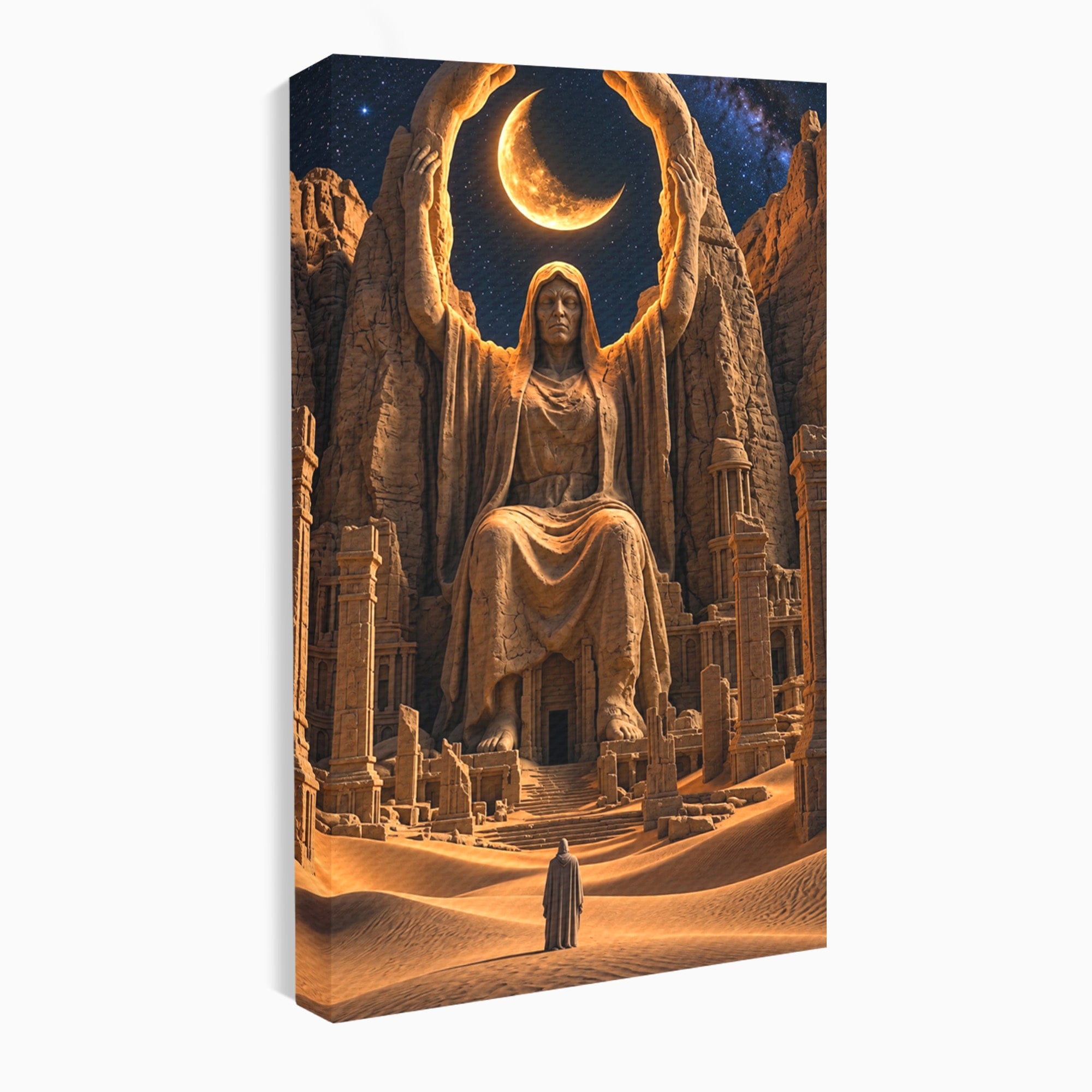 Tablou Canvas Premium LuxCanva® U1123, Zeitate Asezata Sub Luna, Desert, Statuie, Mister, Noapte, Zeitate, Living, Culori Vibrante