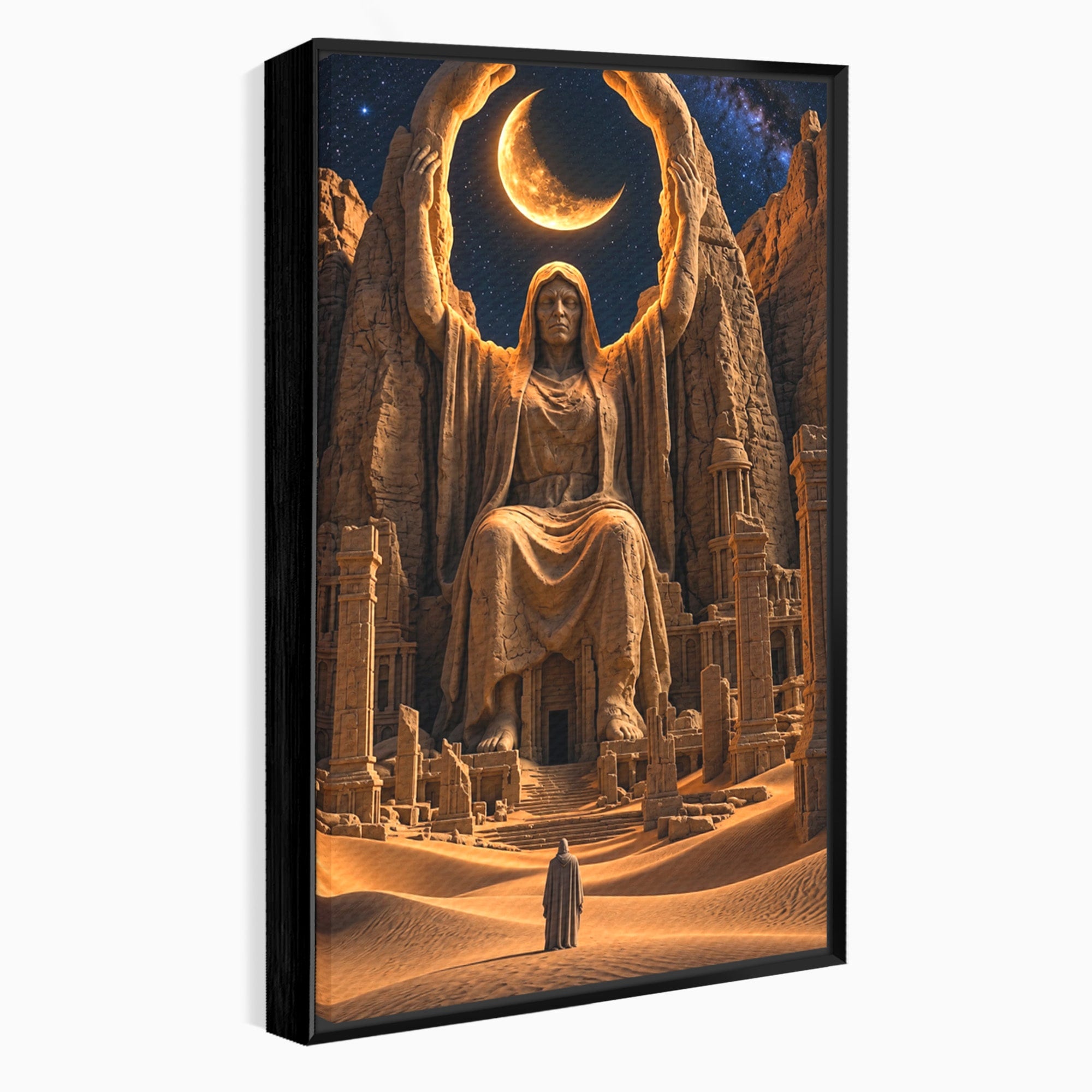 Tablou Canvas Premium LuxCanva® U1123, Zeitate Asezata Sub Luna, Desert, Statuie, Mister, Noapte, Zeitate, Living, Culori Vibrante