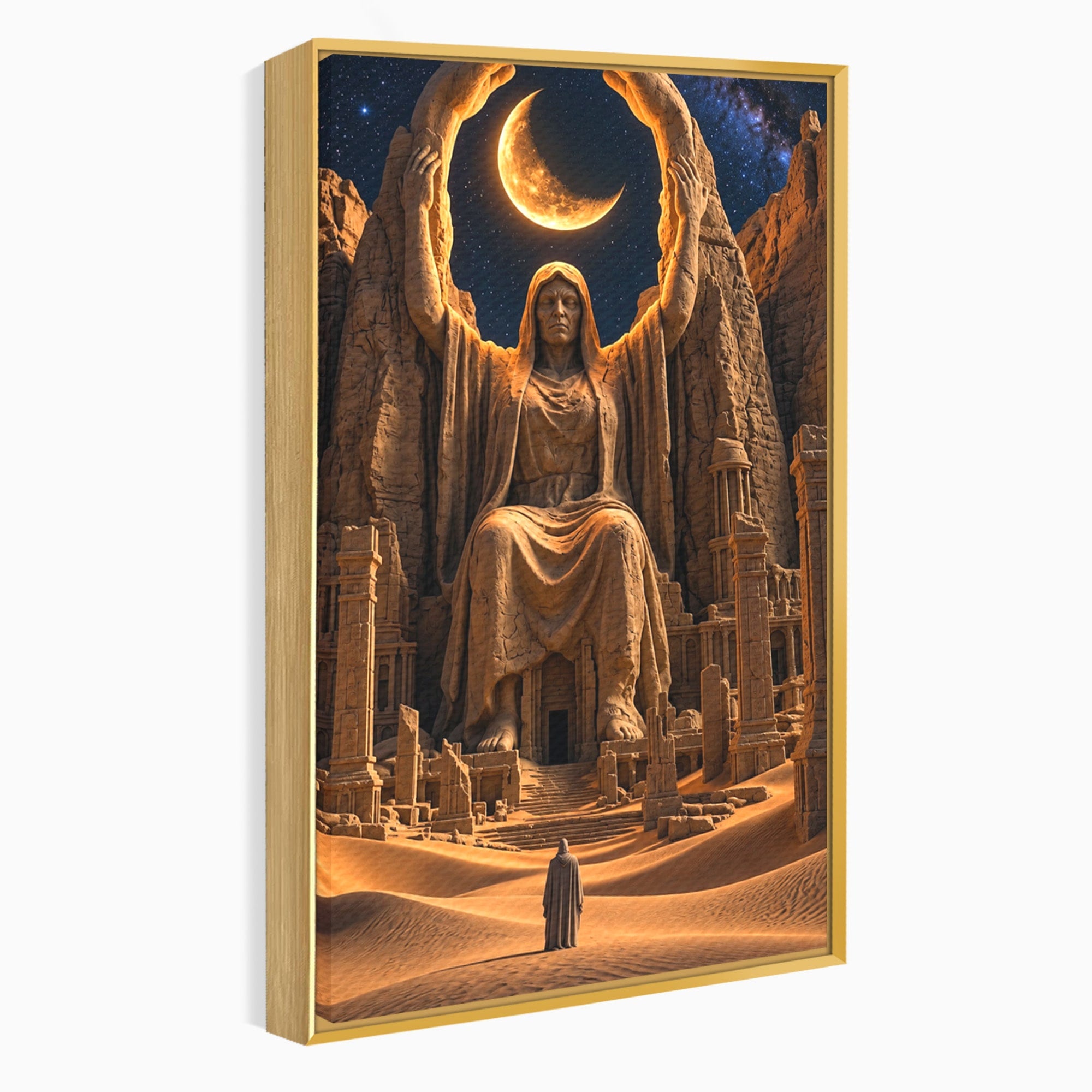 Tablou Canvas Premium LuxCanva® U1123, Zeitate Asezata Sub Luna, Desert, Statuie, Mister, Noapte, Zeitate, Living, Culori Vibrante