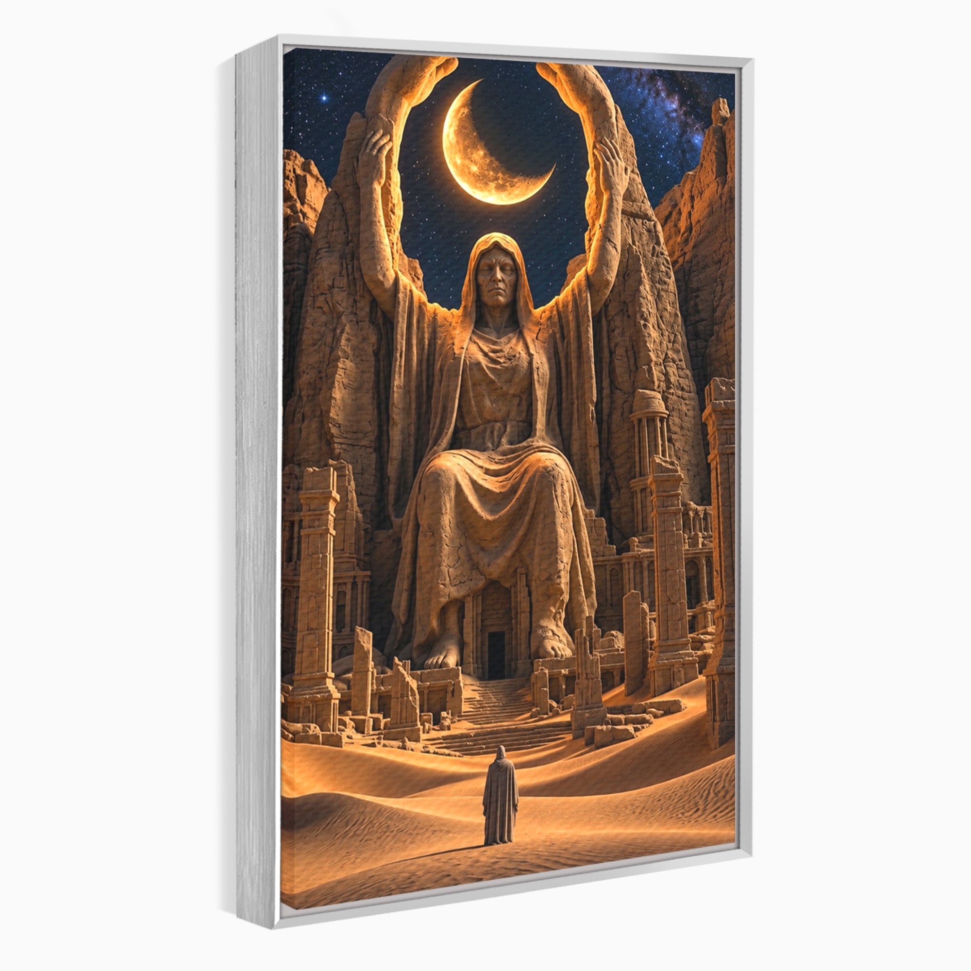 Tablou Canvas Premium LuxCanva® U1123, Zeitate Asezata Sub Luna, Desert, Statuie, Mister, Noapte, Zeitate, Living, Culori Vibrante