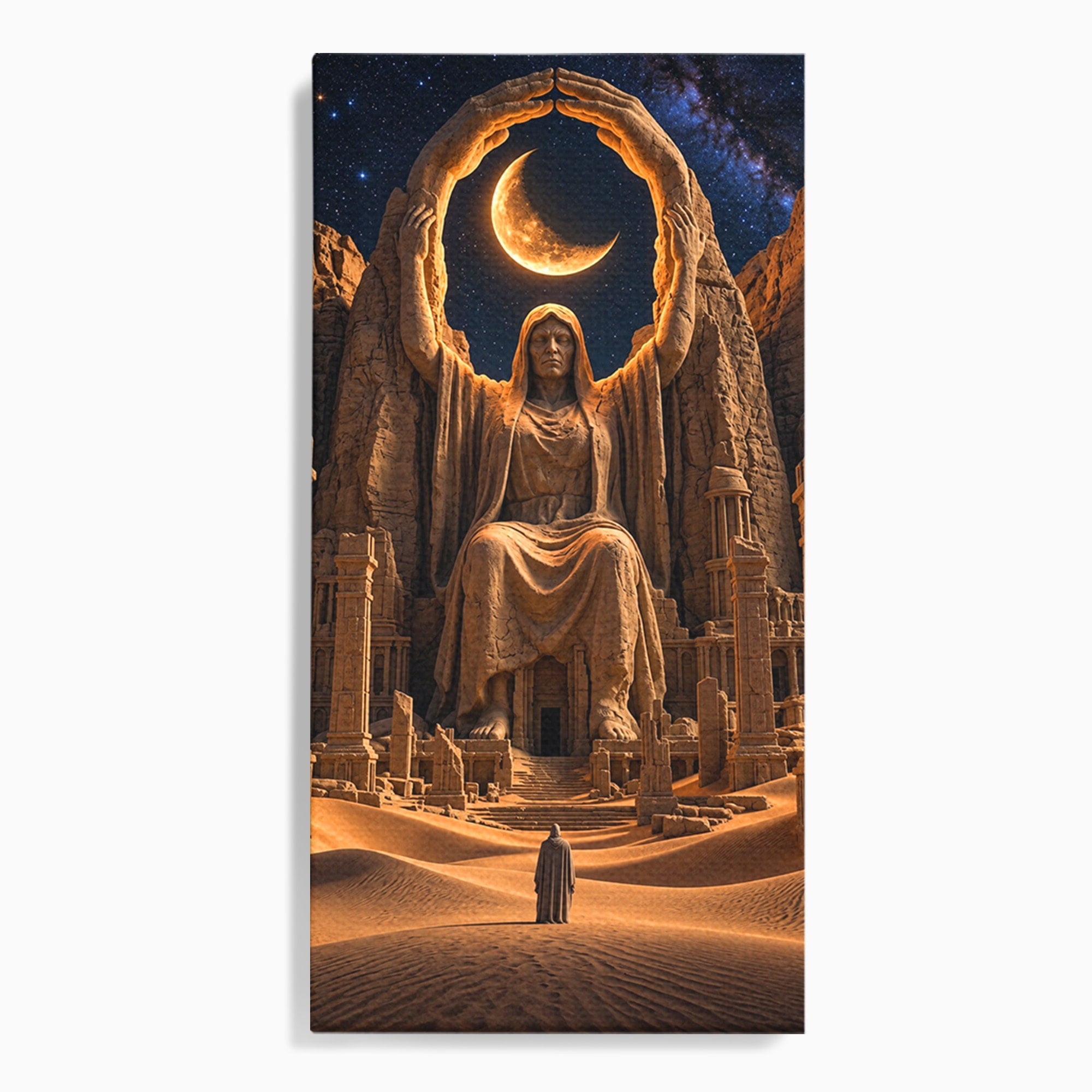 Tablou Canvas Premium LuxCanva® U1123, Zeitate Asezata Sub Luna, Desert, Statuie, Mister, Noapte, Zeitate, Living, Culori Vibrante