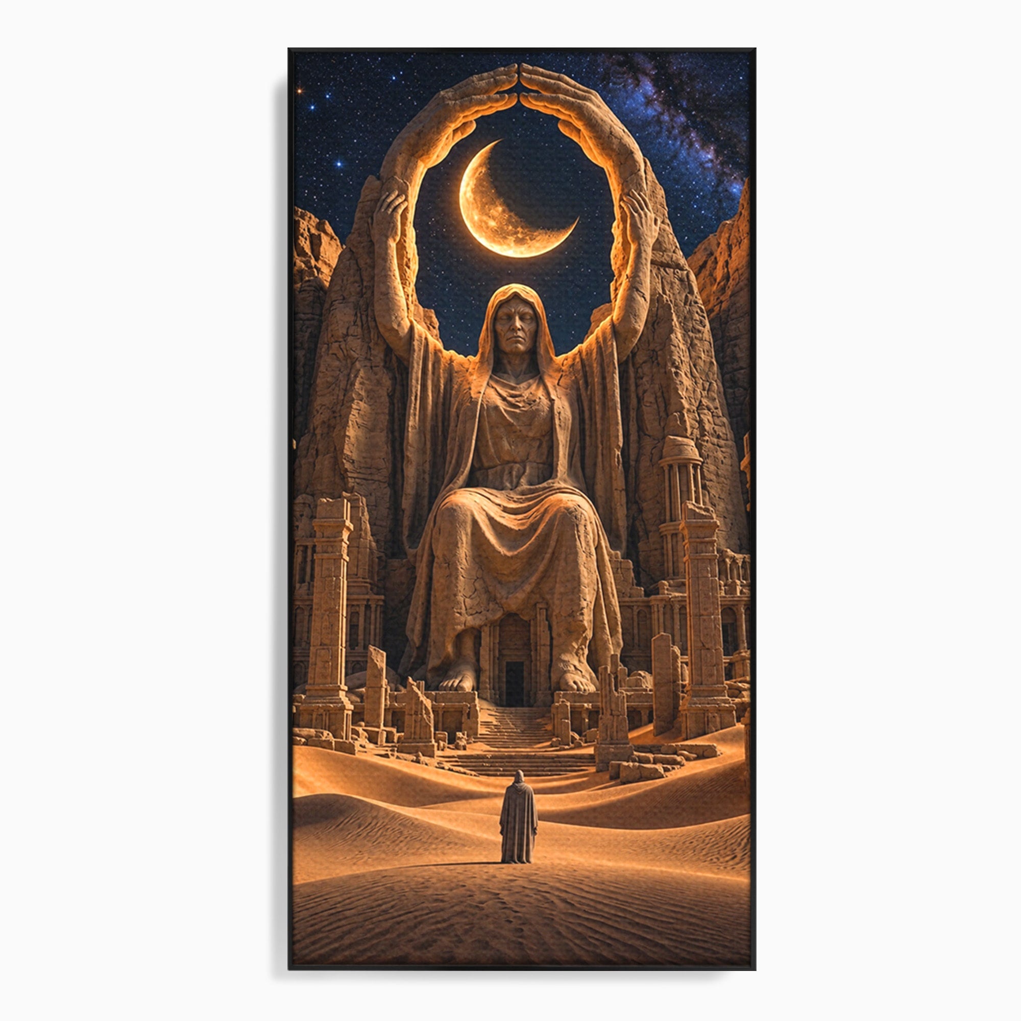 Tablou Canvas Premium LuxCanva® U1123, Zeitate Asezata Sub Luna, Desert, Statuie, Mister, Noapte, Zeitate, Living, Culori Vibrante
