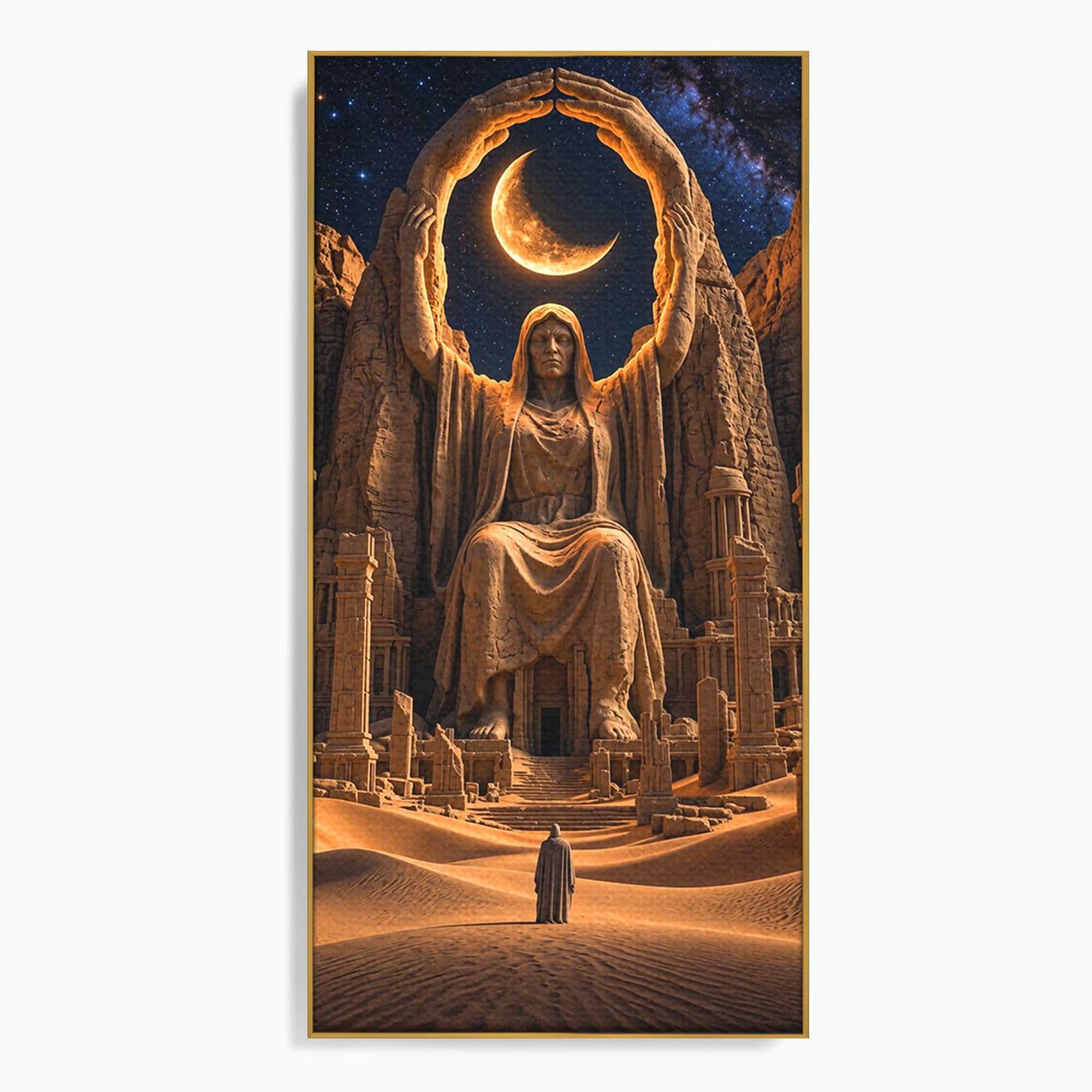 Tablou Canvas Premium LuxCanva® U1123, Zeitate Asezata Sub Luna, Desert, Statuie, Mister, Noapte, Zeitate, Living, Culori Vibrante