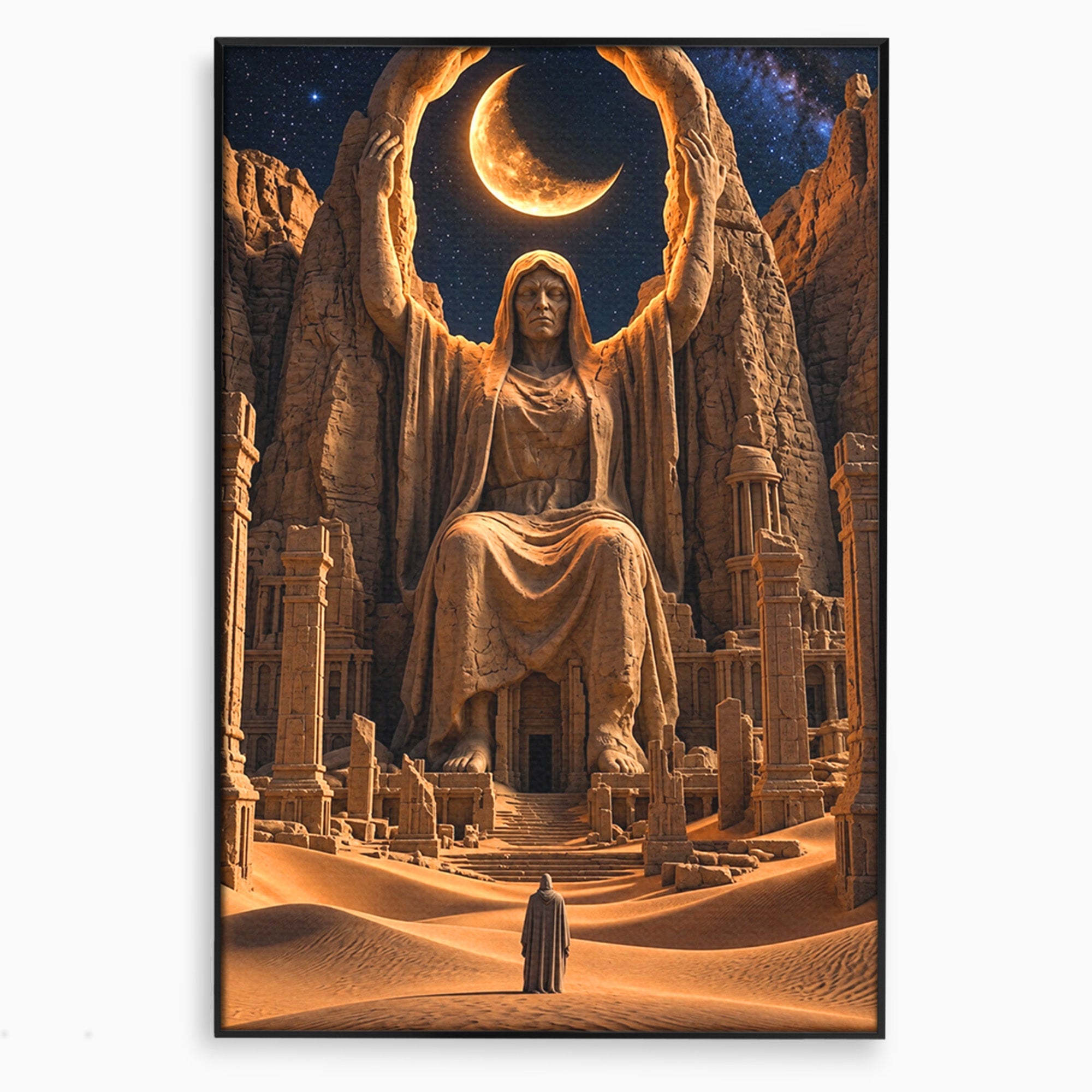 Tablou Canvas Premium LuxCanva® U1123, Zeitate Asezata Sub Luna, Desert, Statuie, Mister, Noapte, Zeitate, Living, Culori Vibrante