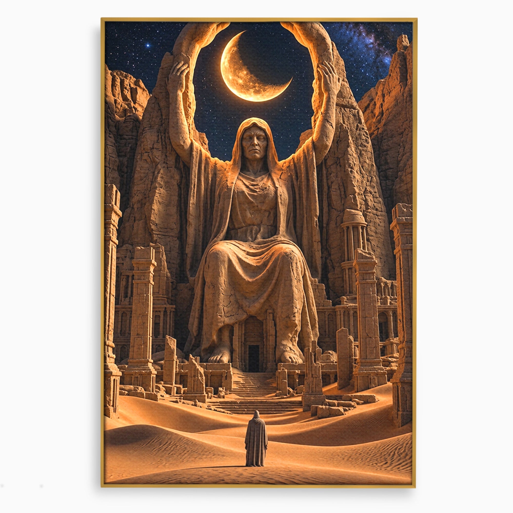 Tablou Canvas Premium LuxCanva® U1123, Zeitate Asezata Sub Luna, Desert, Statuie, Mister, Noapte, Zeitate, Living, Culori Vibrante