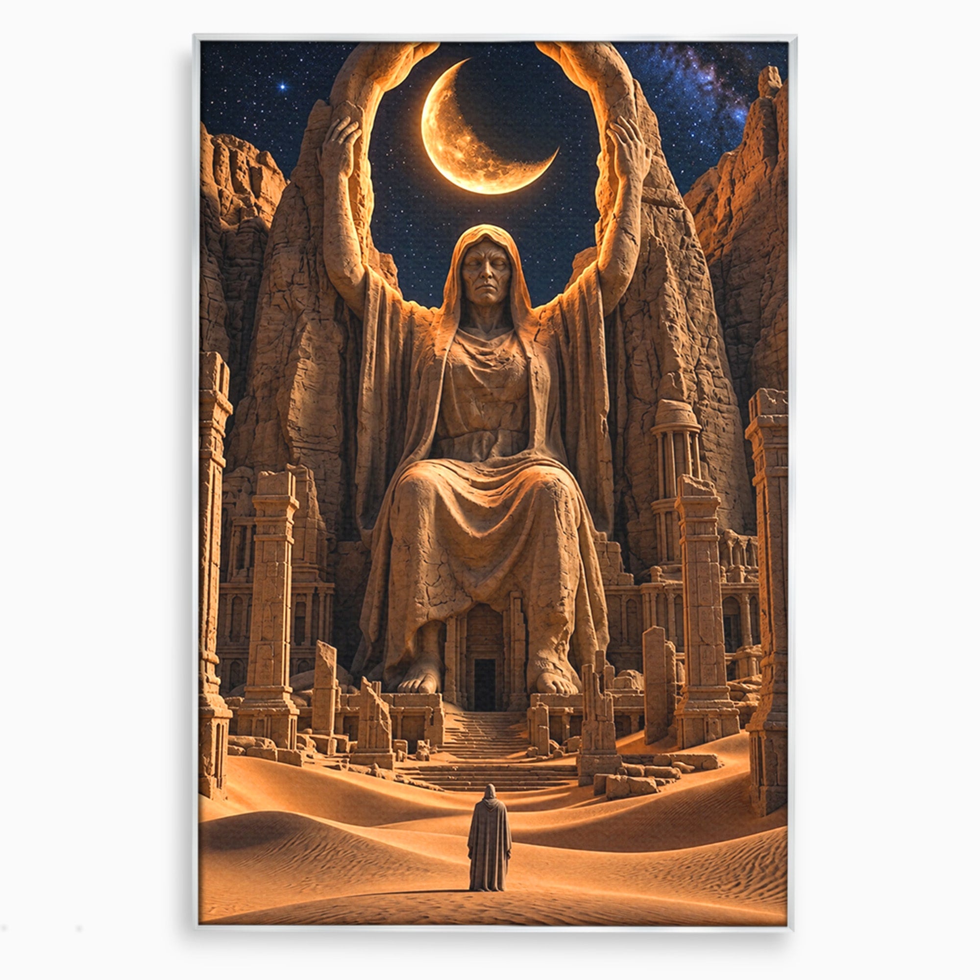 Tablou Canvas Premium LuxCanva® U1123, Zeitate Asezata Sub Luna, Desert, Statuie, Mister, Noapte, Zeitate, Living, Culori Vibrante