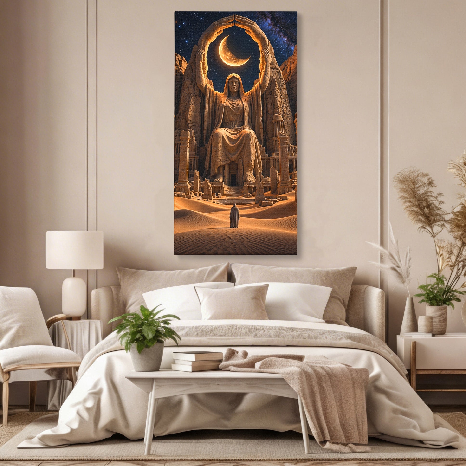 Tablou Canvas Premium LuxCanva® U1123, Zeitate Asezata Sub Luna, Desert, Statuie, Mister, Noapte, Zeitate, Living, Culori Vibrante