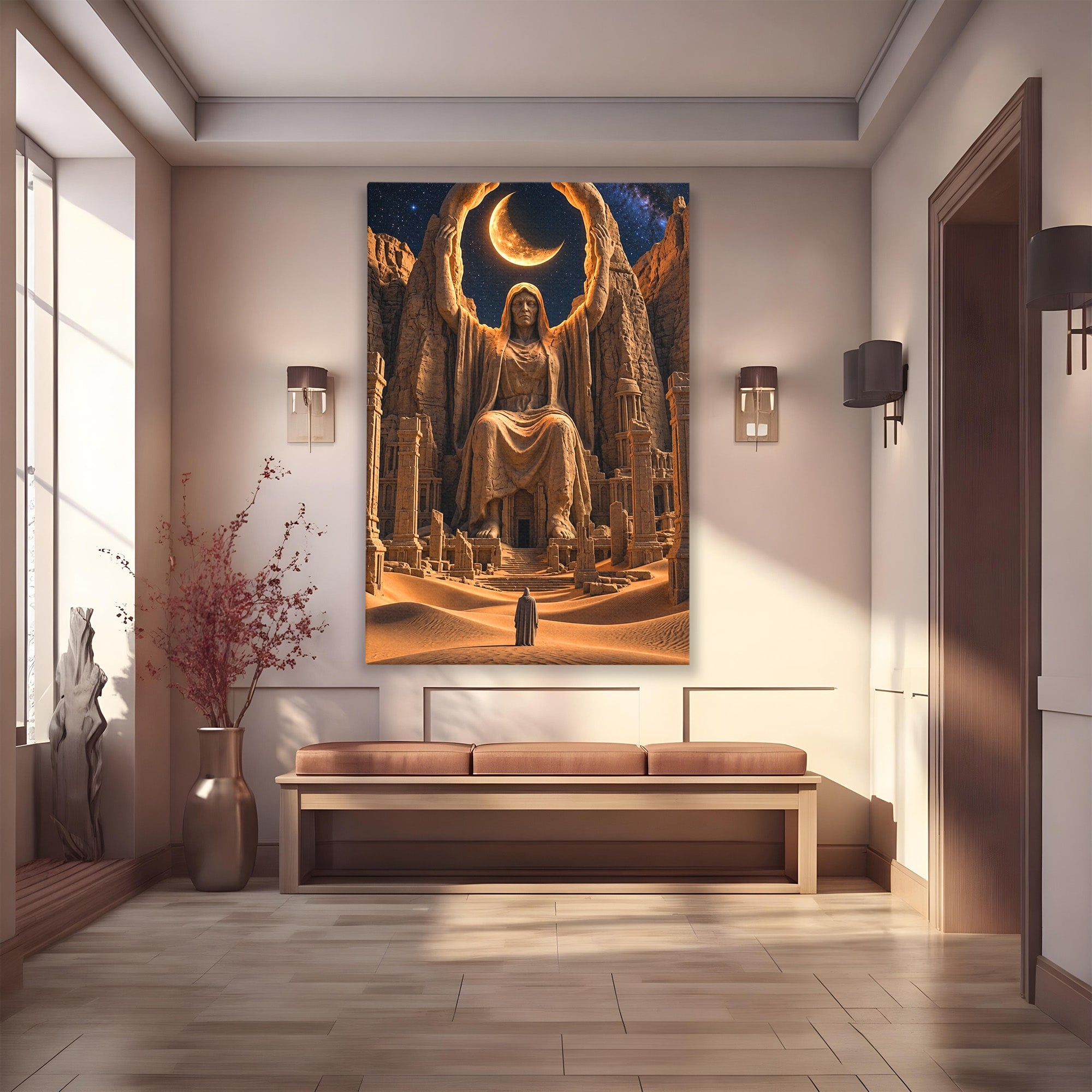 Tablou Canvas Premium LuxCanva® U1123, Zeitate Asezata Sub Luna, Desert, Statuie, Mister, Noapte, Zeitate, Living, Culori Vibrante