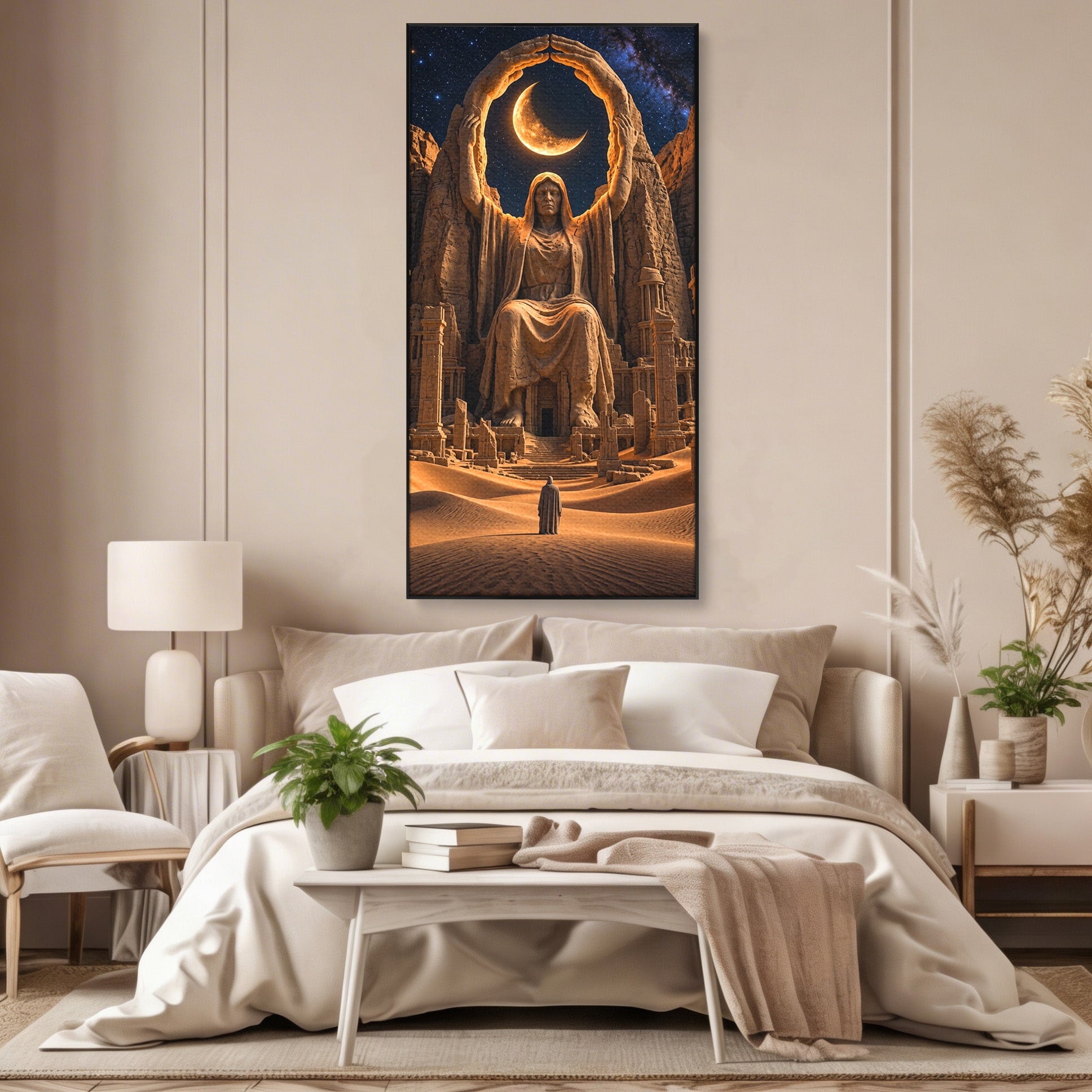 Tablou Canvas Premium LuxCanva® U1123, Zeitate Asezata Sub Luna, Desert, Statuie, Mister, Noapte, Zeitate, Living, Culori Vibrante