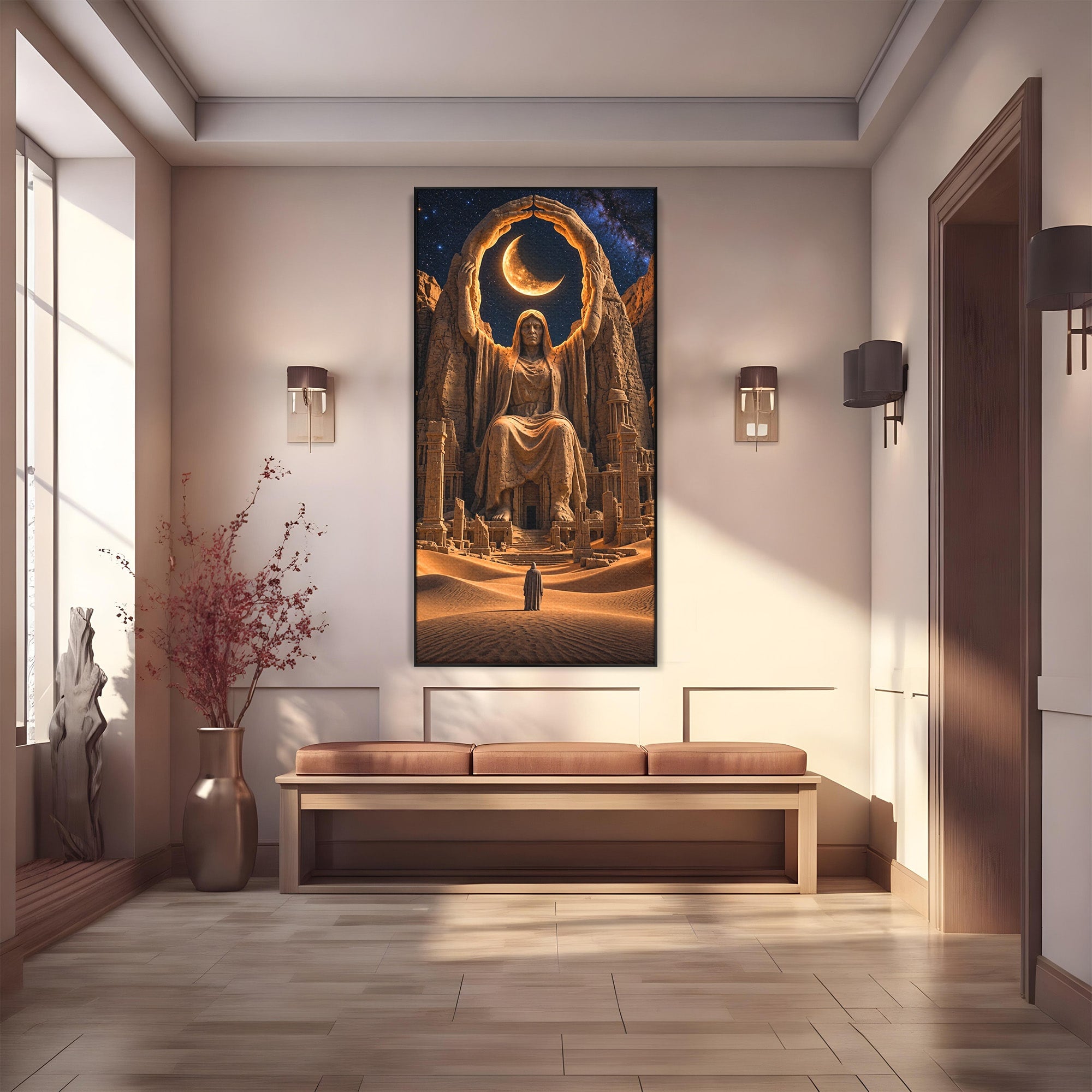 Tablou Canvas Premium LuxCanva® U1123, Zeitate Asezata Sub Luna, Desert, Statuie, Mister, Noapte, Zeitate, Living, Culori Vibrante