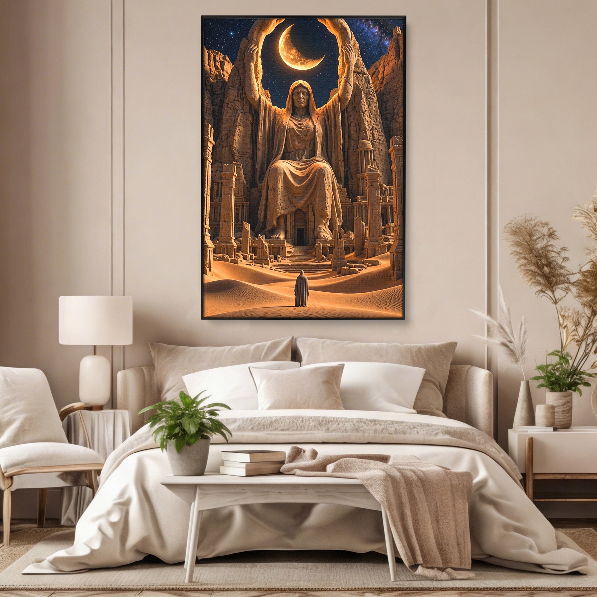 Tablou Canvas Premium LuxCanva® U1123, Zeitate Asezata Sub Luna, Desert, Statuie, Mister, Noapte, Zeitate, Living, Culori Vibrante