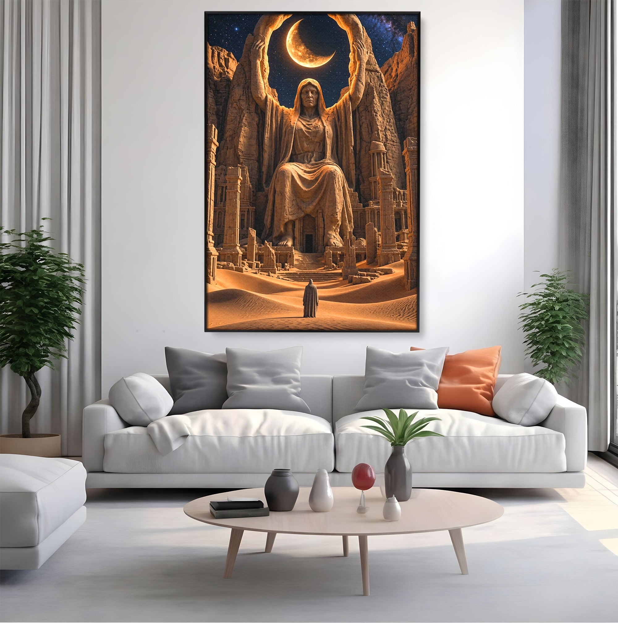 Tablou Canvas Premium LuxCanva® U1123, Zeitate Asezata Sub Luna, Desert, Statuie, Mister, Noapte, Zeitate, Living, Culori Vibrante