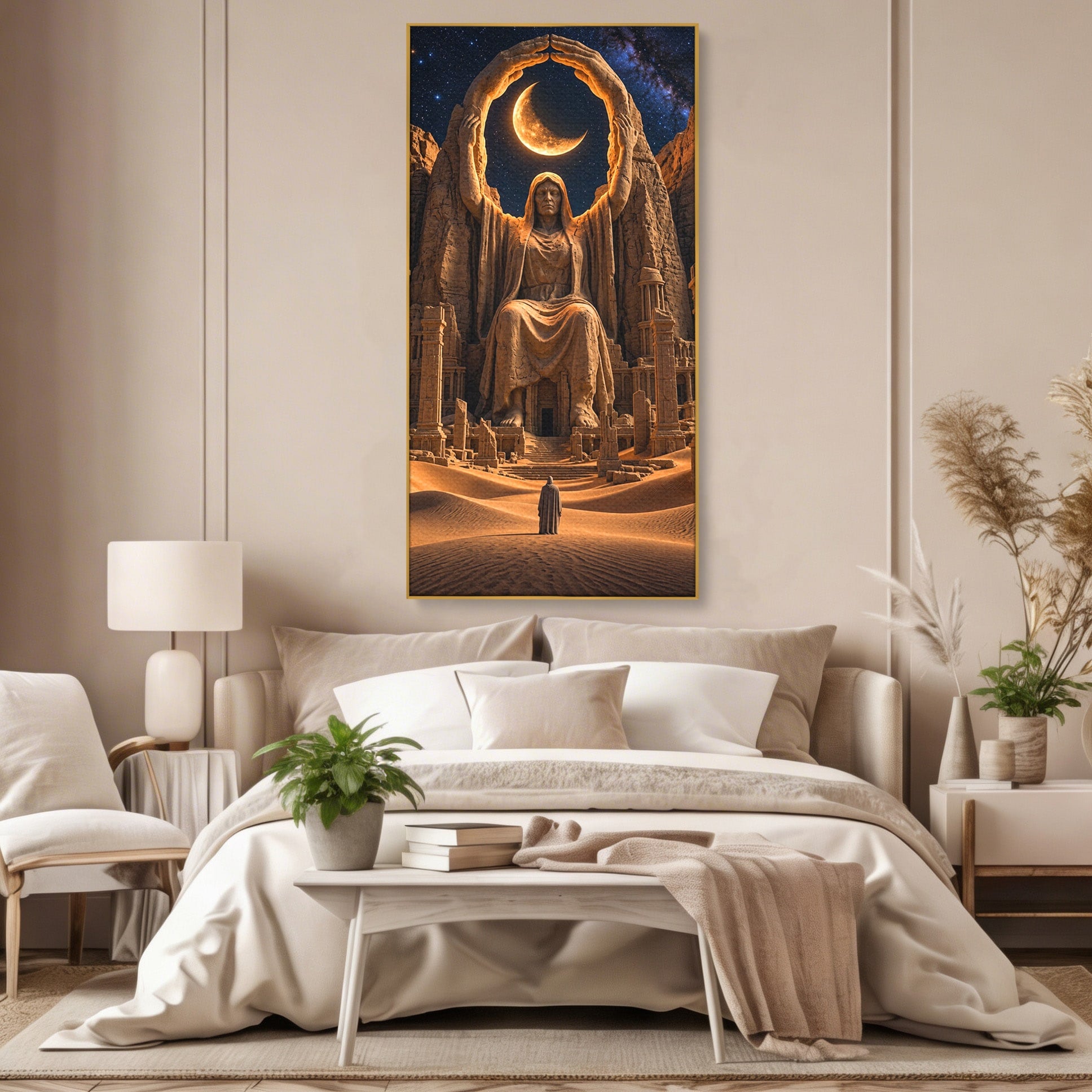 Tablou Canvas Premium LuxCanva® U1123, Zeitate Asezata Sub Luna, Desert, Statuie, Mister, Noapte, Zeitate, Living, Culori Vibrante