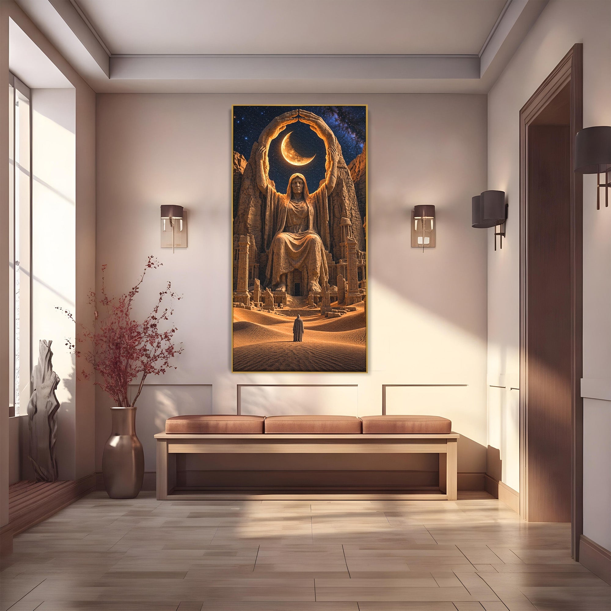 Tablou Canvas Premium LuxCanva® U1123, Zeitate Asezata Sub Luna, Desert, Statuie, Mister, Noapte, Zeitate, Living, Culori Vibrante