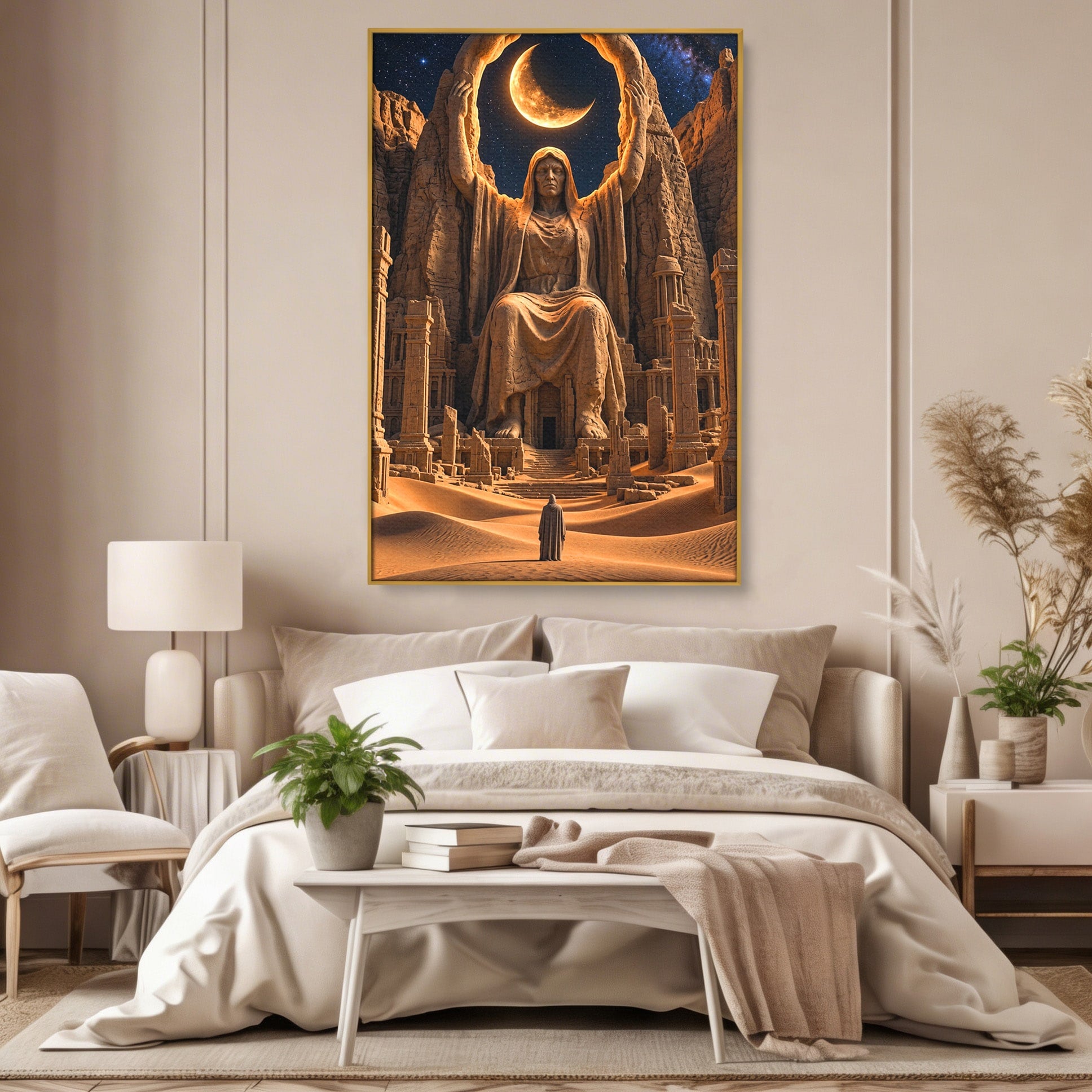 Tablou Canvas Premium LuxCanva® U1123, Zeitate Asezata Sub Luna, Desert, Statuie, Mister, Noapte, Zeitate, Living, Culori Vibrante