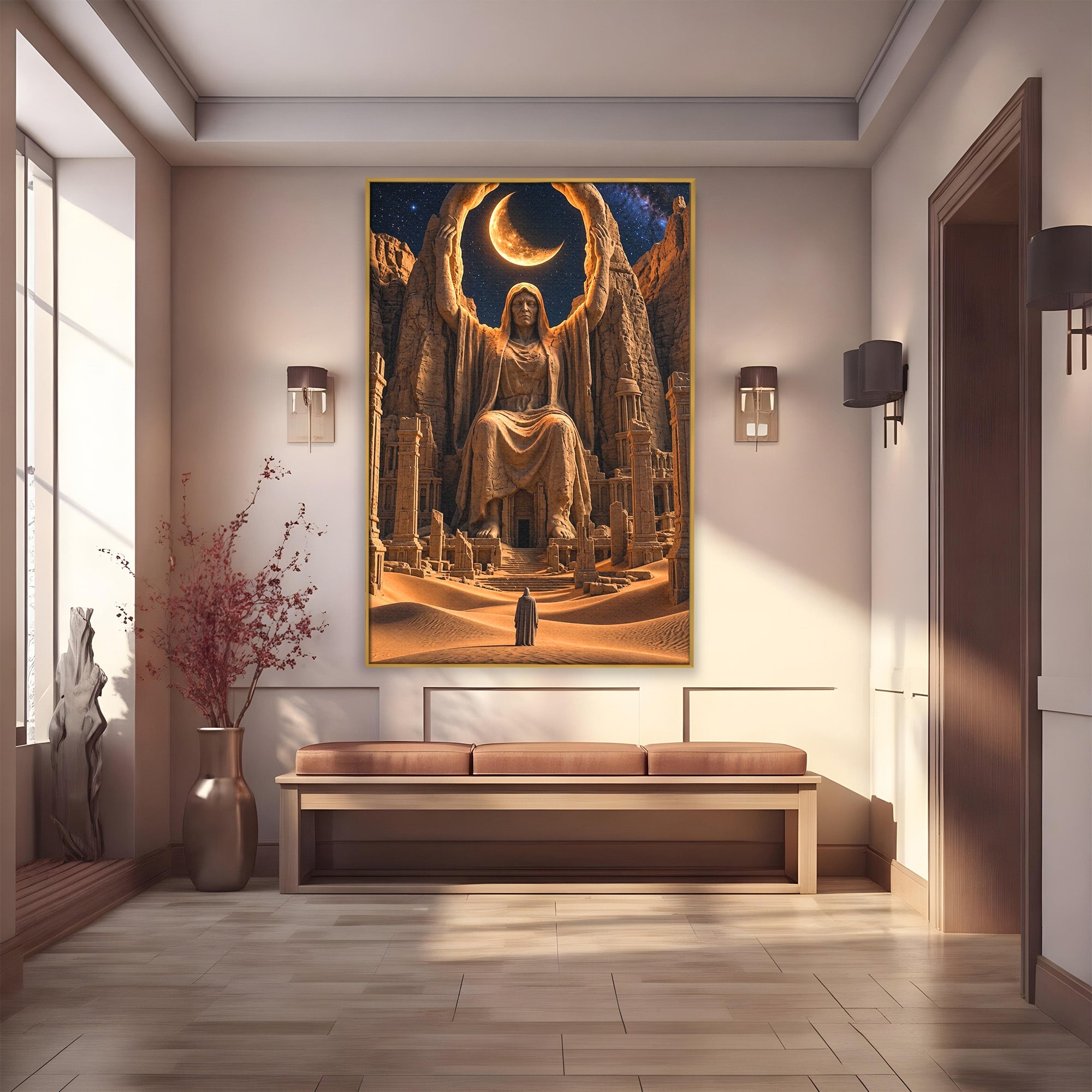 Tablou Canvas Premium LuxCanva® U1123, Zeitate Asezata Sub Luna, Desert, Statuie, Mister, Noapte, Zeitate, Living, Culori Vibrante