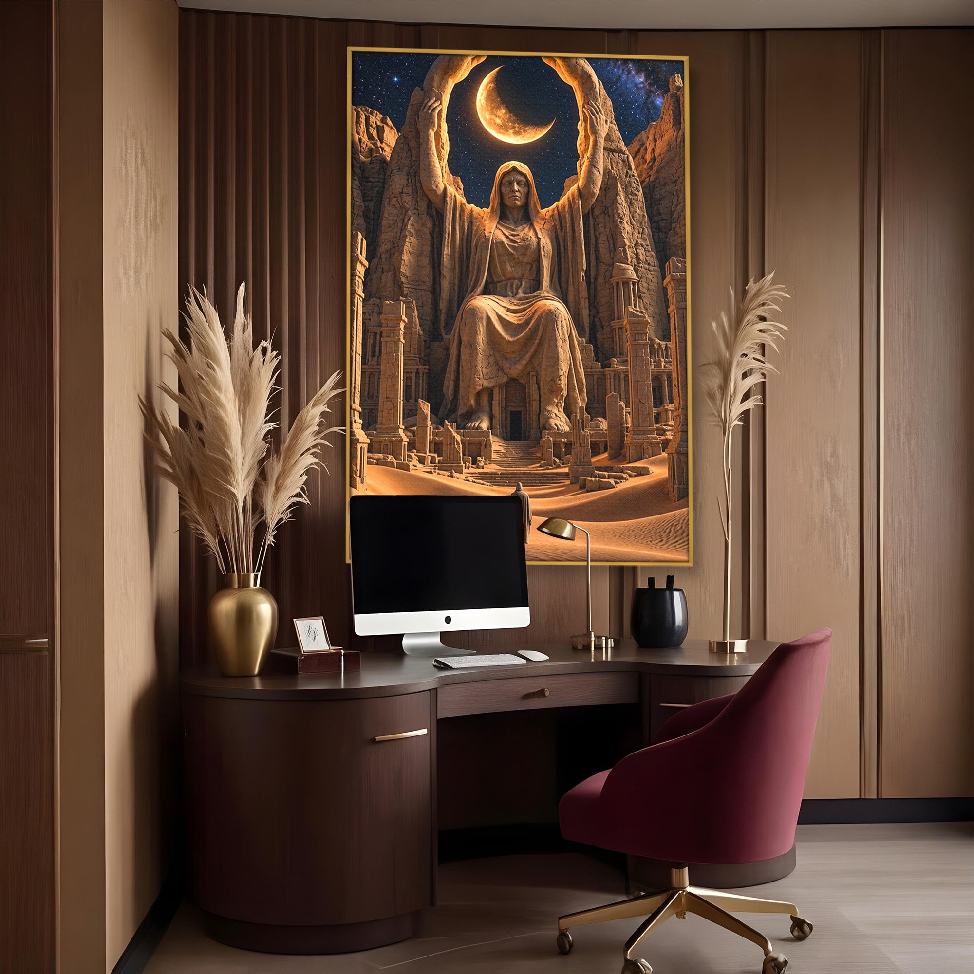 Tablou Canvas Premium LuxCanva® U1123, Zeitate Asezata Sub Luna, Desert, Statuie, Mister, Noapte, Zeitate, Living, Culori Vibrante
