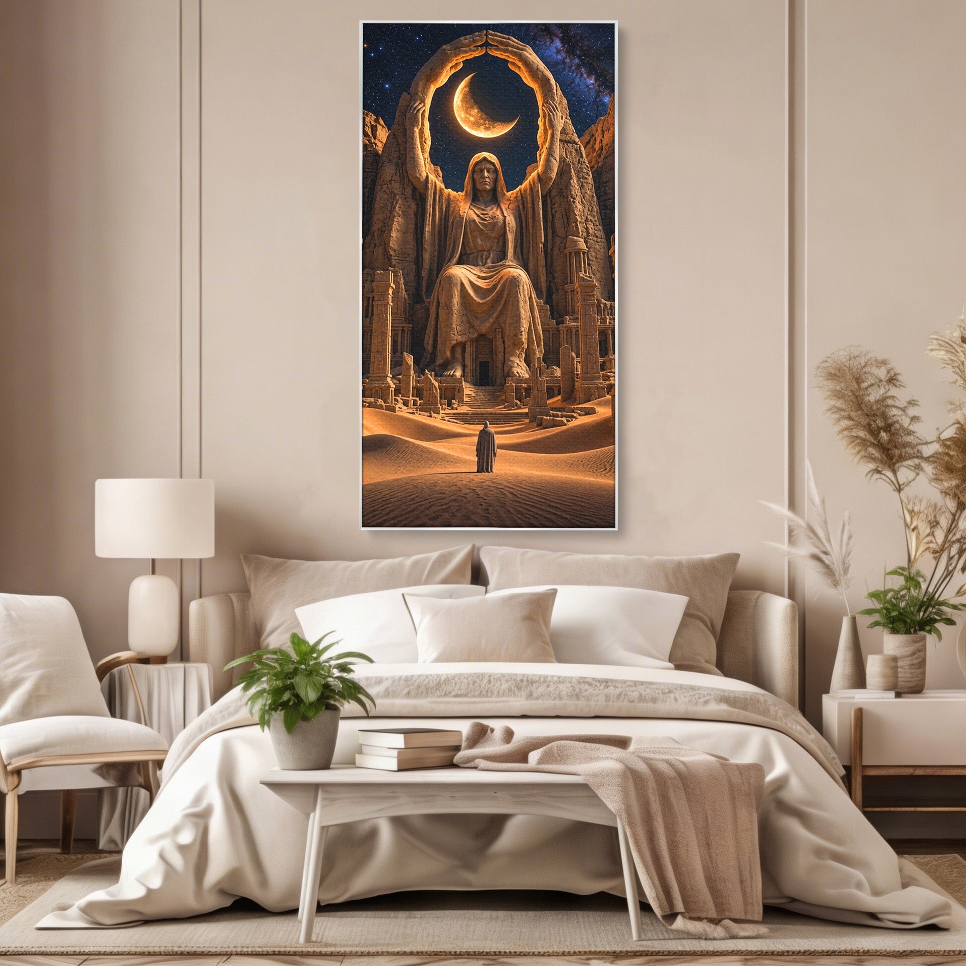 Tablou Canvas Premium LuxCanva® U1123, Zeitate Asezata Sub Luna, Desert, Statuie, Mister, Noapte, Zeitate, Living, Culori Vibrante