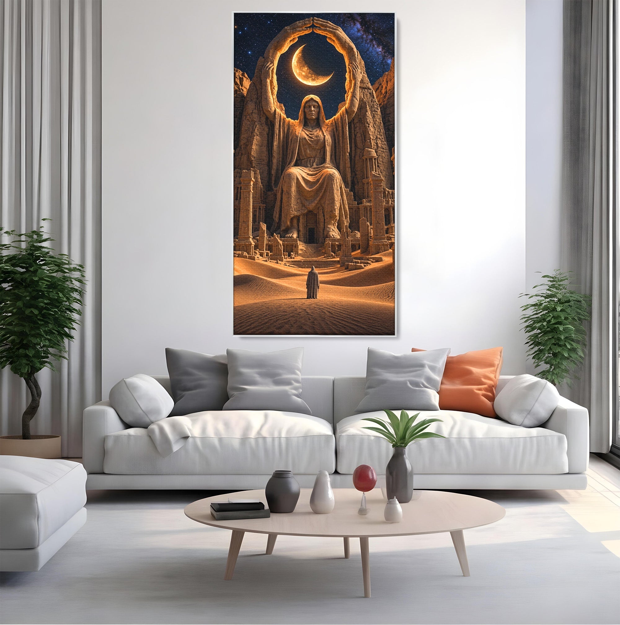 Tablou Canvas Premium LuxCanva® U1123, Zeitate Asezata Sub Luna, Desert, Statuie, Mister, Noapte, Zeitate, Living, Culori Vibrante