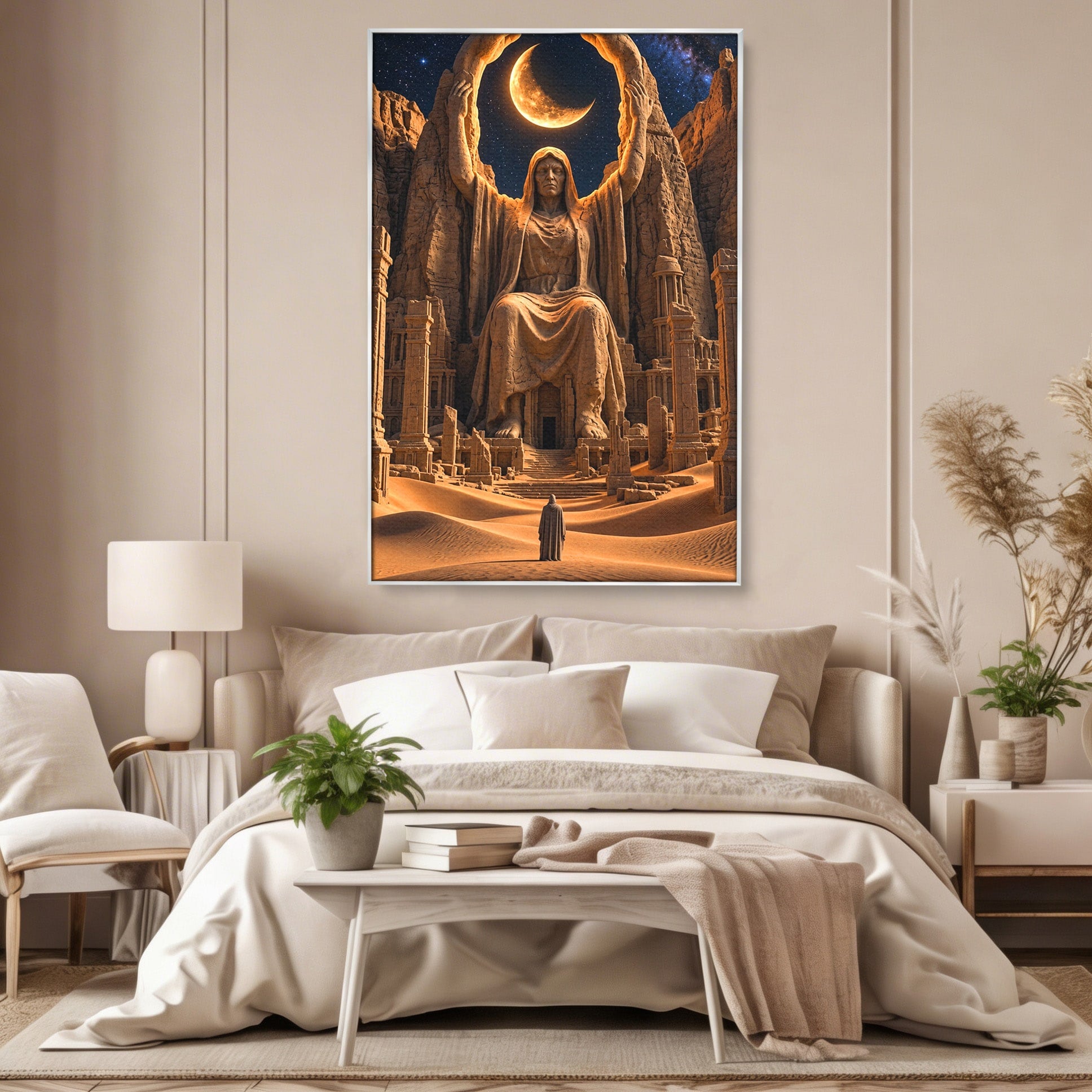 Tablou Canvas Premium LuxCanva® U1123, Zeitate Asezata Sub Luna, Desert, Statuie, Mister, Noapte, Zeitate, Living, Culori Vibrante