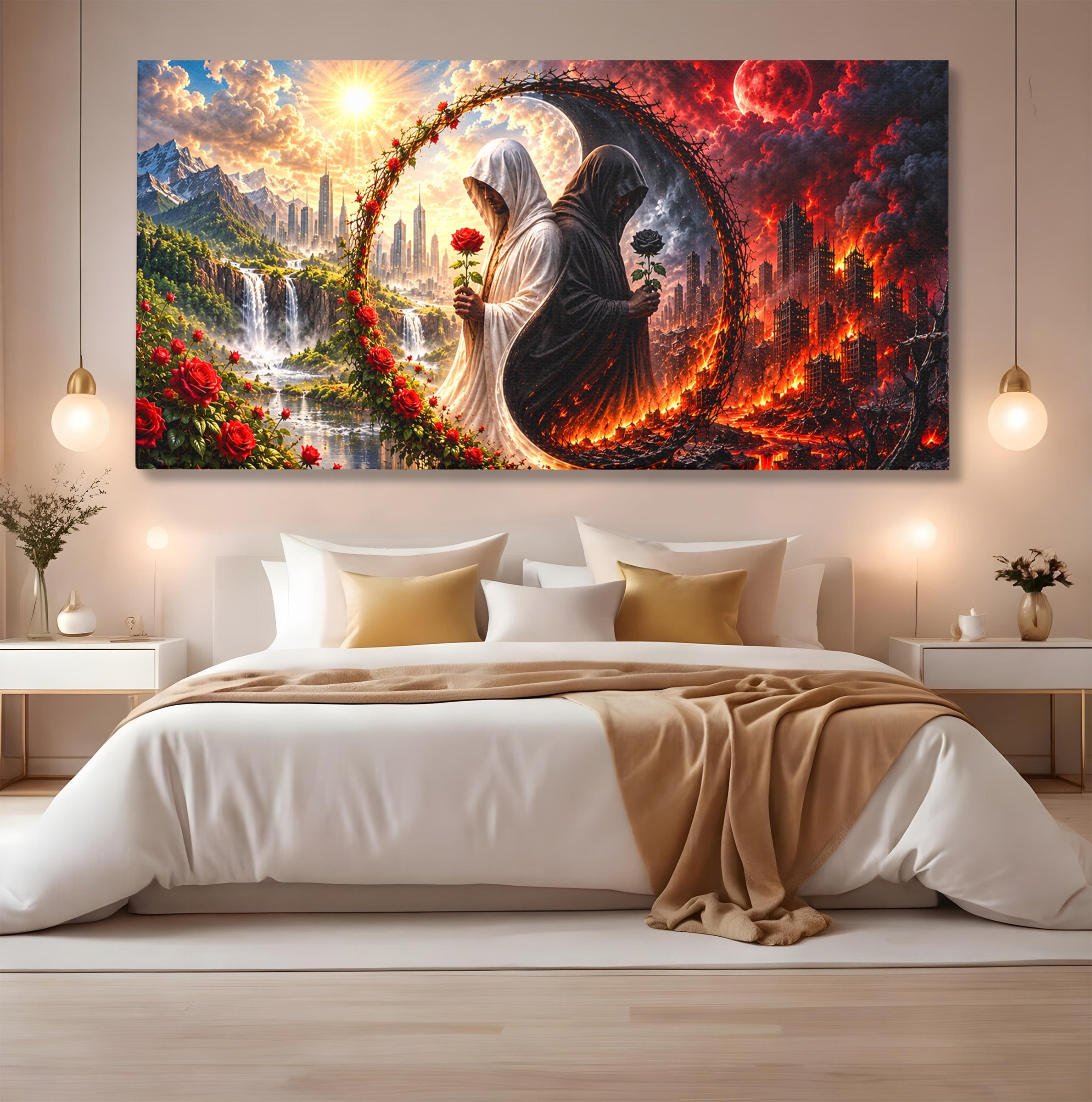 Tablou Canvas Premium LuxCanva® U1126, Echilibrul Dualitatii, Zi, Noapte, Echilibru, Mister, Dualitate, Living, Culori Vibrante