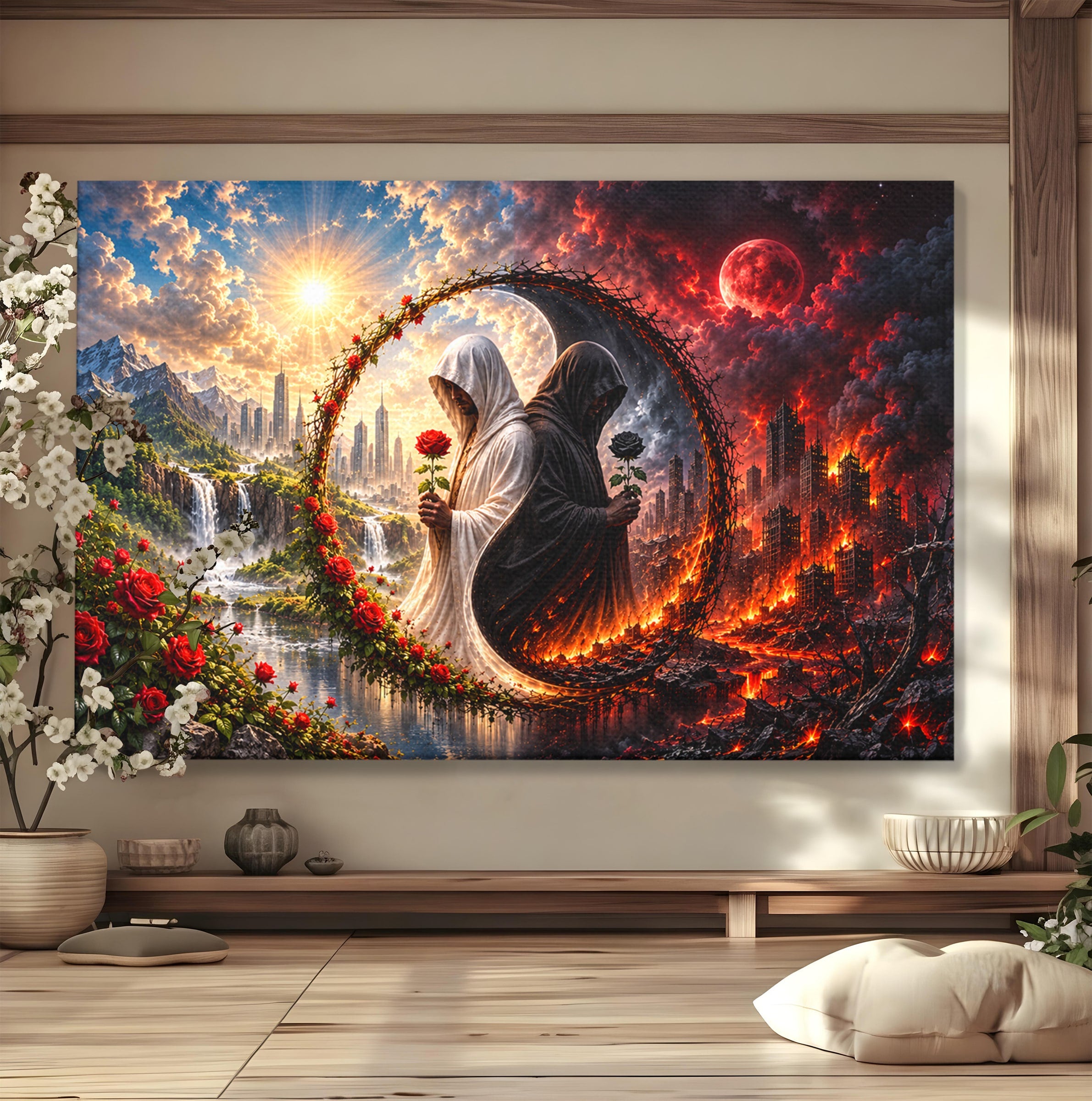Tablou Canvas Premium LuxCanva® U1126, Echilibrul Dualitatii, Zi, Noapte, Echilibru, Mister, Dualitate, Living, Culori Vibrante
