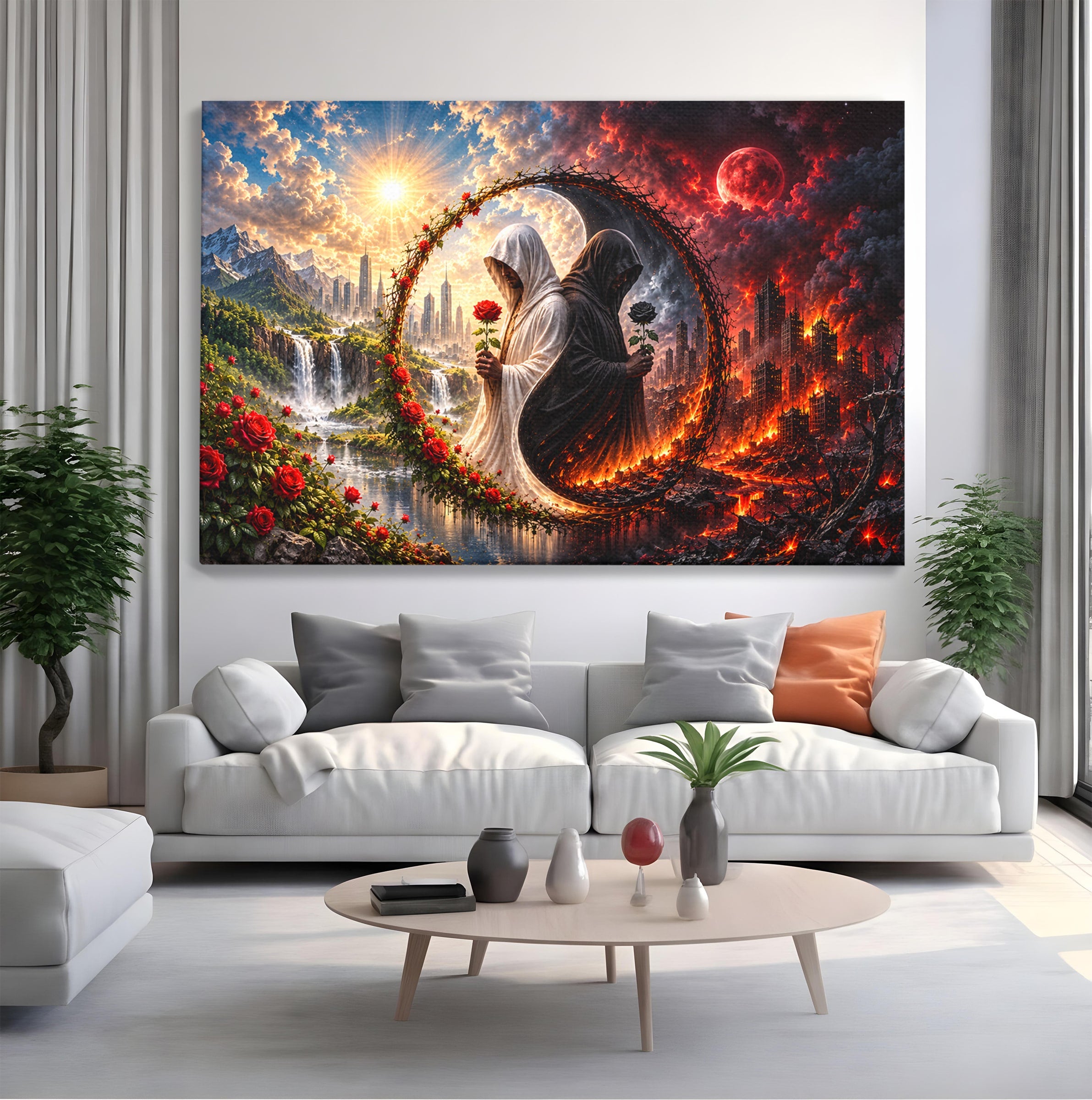 Tablou Canvas Premium LuxCanva® U1126, Echilibrul Dualitatii, Zi, Noapte, Echilibru, Mister, Dualitate, Living, Culori Vibrante