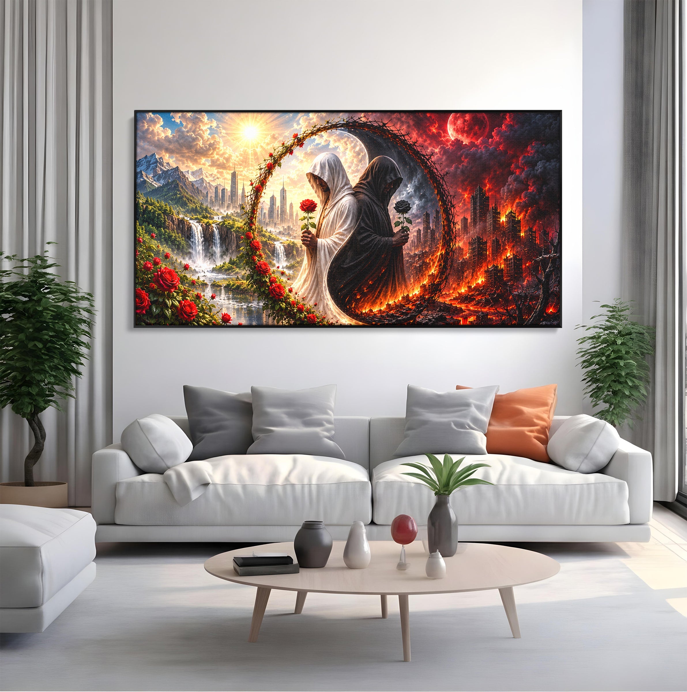 Tablou Canvas Premium LuxCanva® U1126, Echilibrul Dualitatii, Zi, Noapte, Echilibru, Mister, Dualitate, Living, Culori Vibrante
