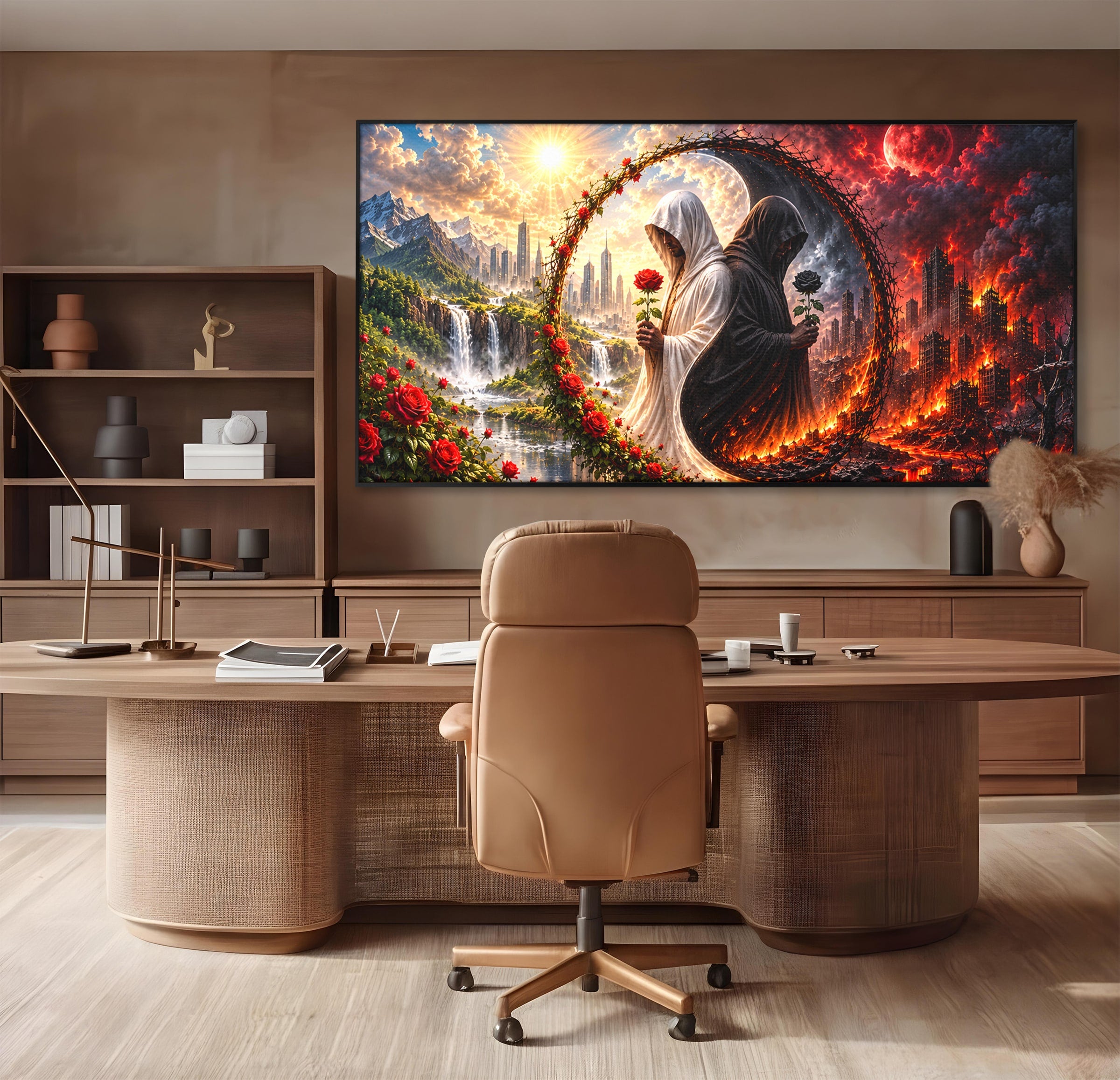 Tablou Canvas Premium LuxCanva® U1126, Echilibrul Dualitatii, Zi, Noapte, Echilibru, Mister, Dualitate, Living, Culori Vibrante
