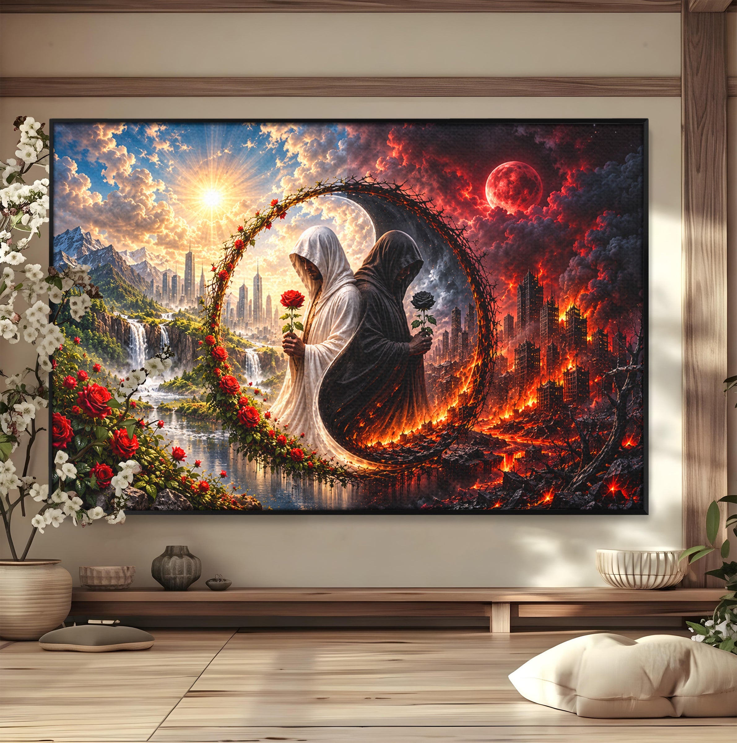 Tablou Canvas Premium LuxCanva® U1126, Echilibrul Dualitatii, Zi, Noapte, Echilibru, Mister, Dualitate, Living, Culori Vibrante