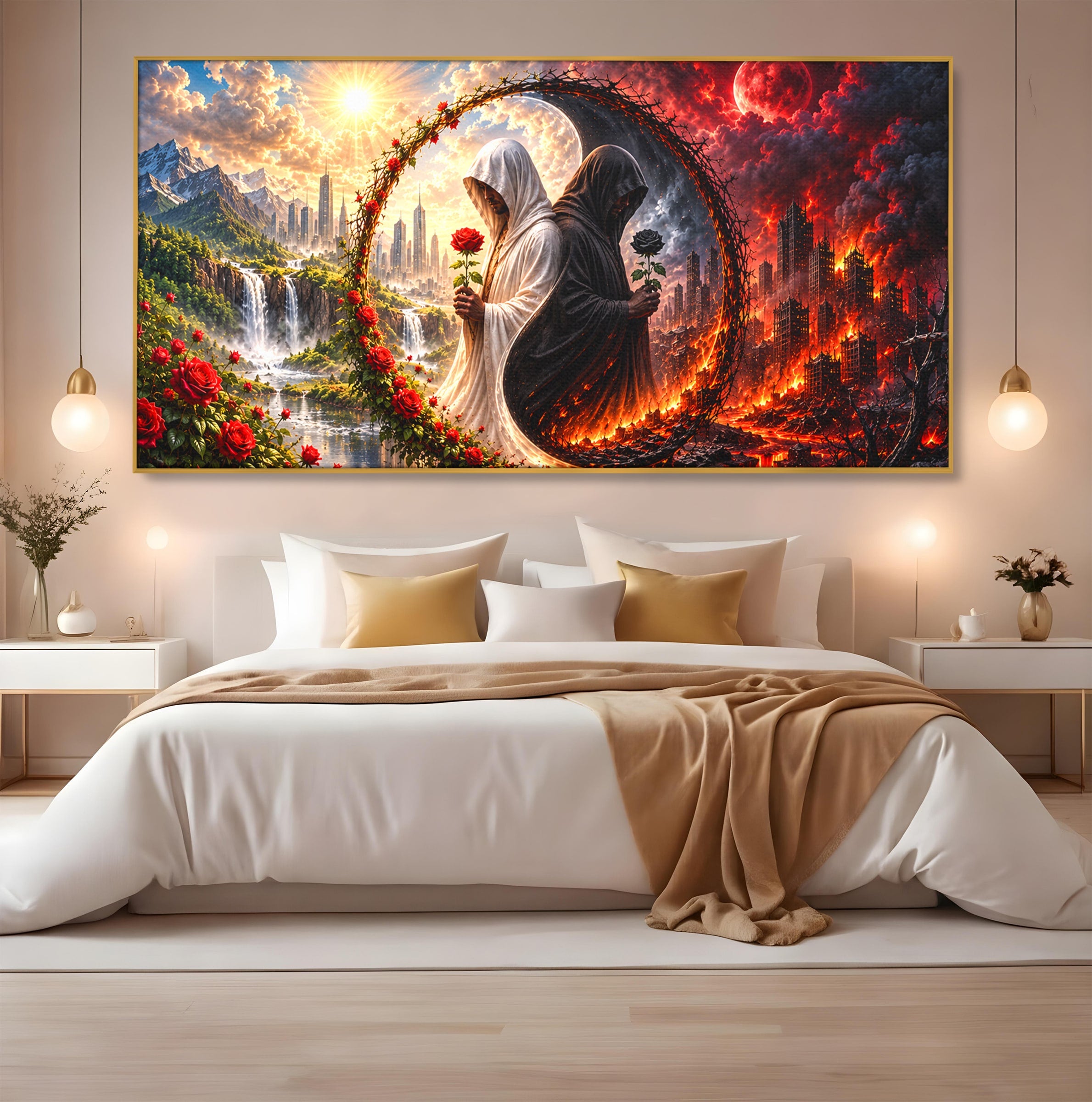 Tablou Canvas Premium LuxCanva® U1126, Echilibrul Dualitatii, Zi, Noapte, Echilibru, Mister, Dualitate, Living, Culori Vibrante