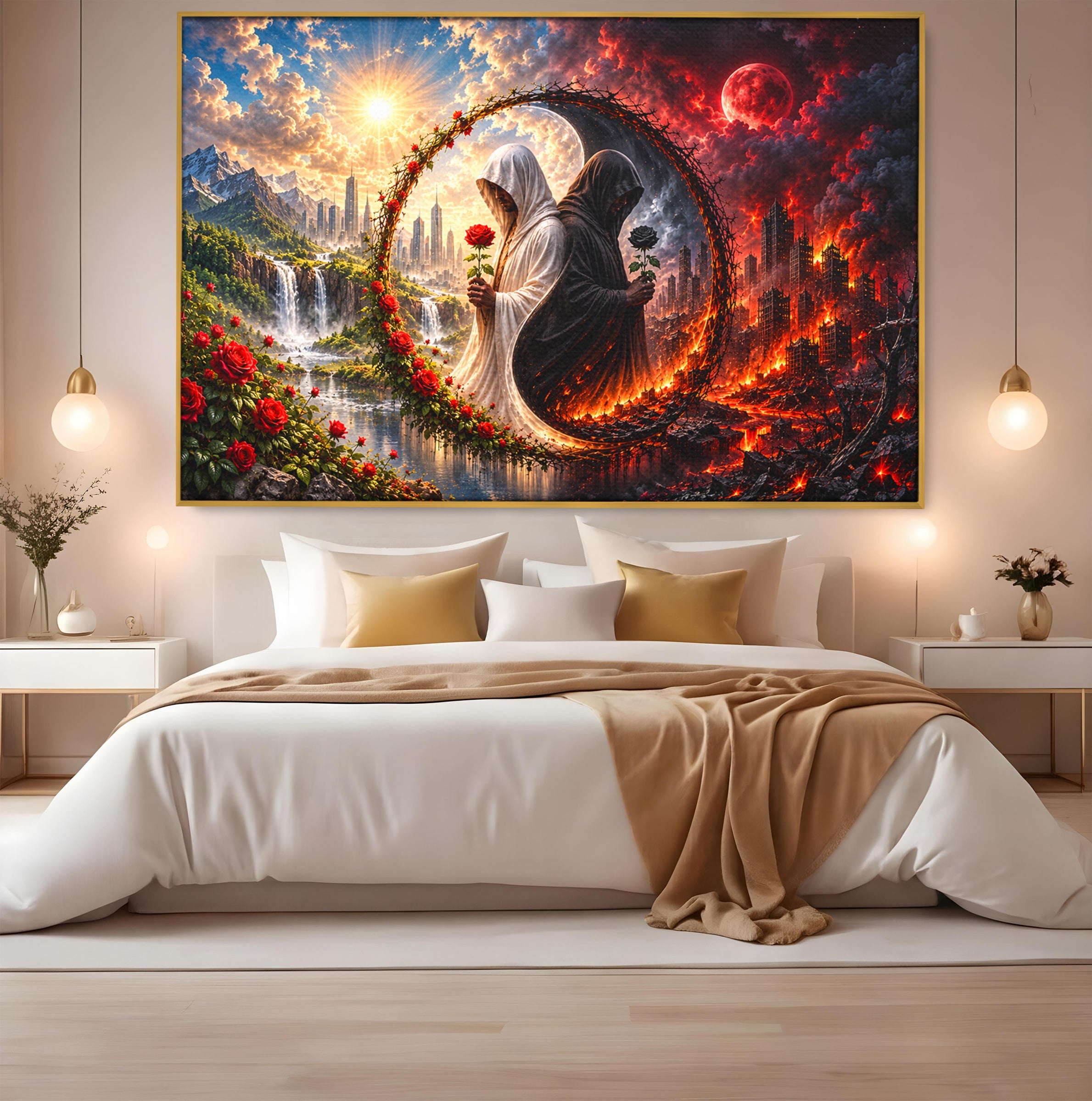 Tablou Canvas Premium LuxCanva® U1126, Echilibrul Dualitatii, Zi, Noapte, Echilibru, Mister, Dualitate, Living, Culori Vibrante