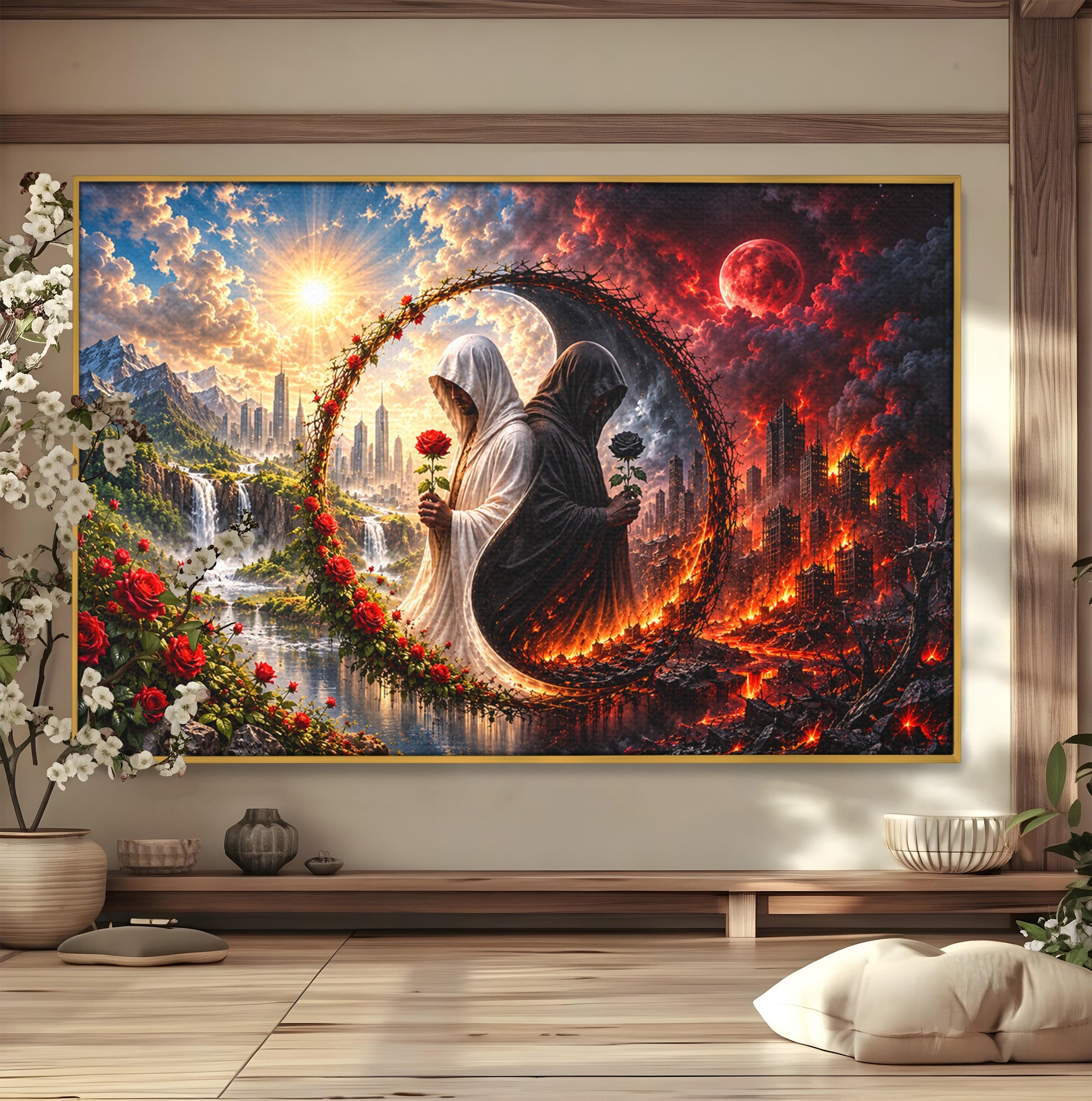 Tablou Canvas Premium LuxCanva® U1126, Echilibrul Dualitatii, Zi, Noapte, Echilibru, Mister, Dualitate, Living, Culori Vibrante