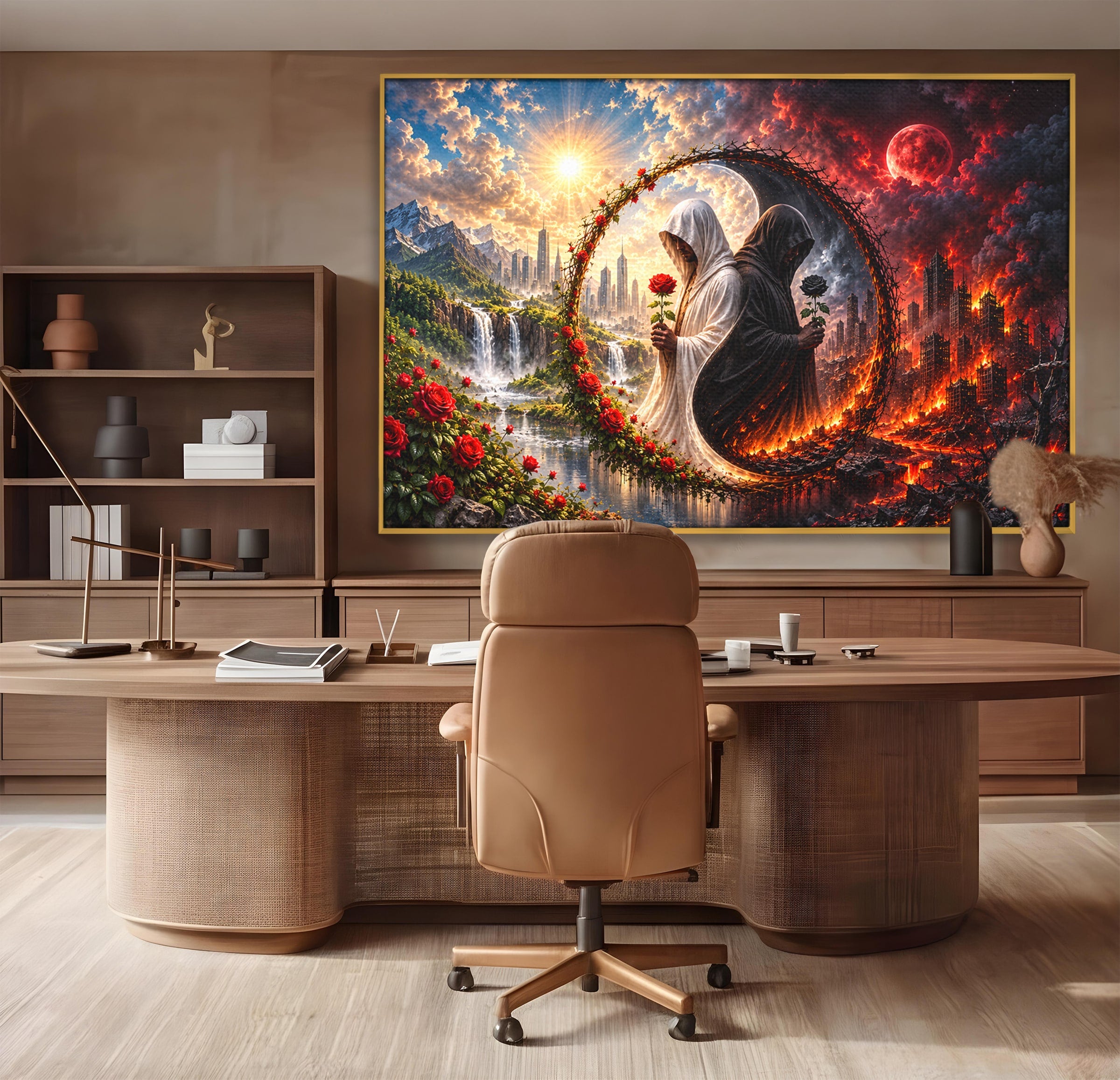 Tablou Canvas Premium LuxCanva® U1126, Echilibrul Dualitatii, Zi, Noapte, Echilibru, Mister, Dualitate, Living, Culori Vibrante