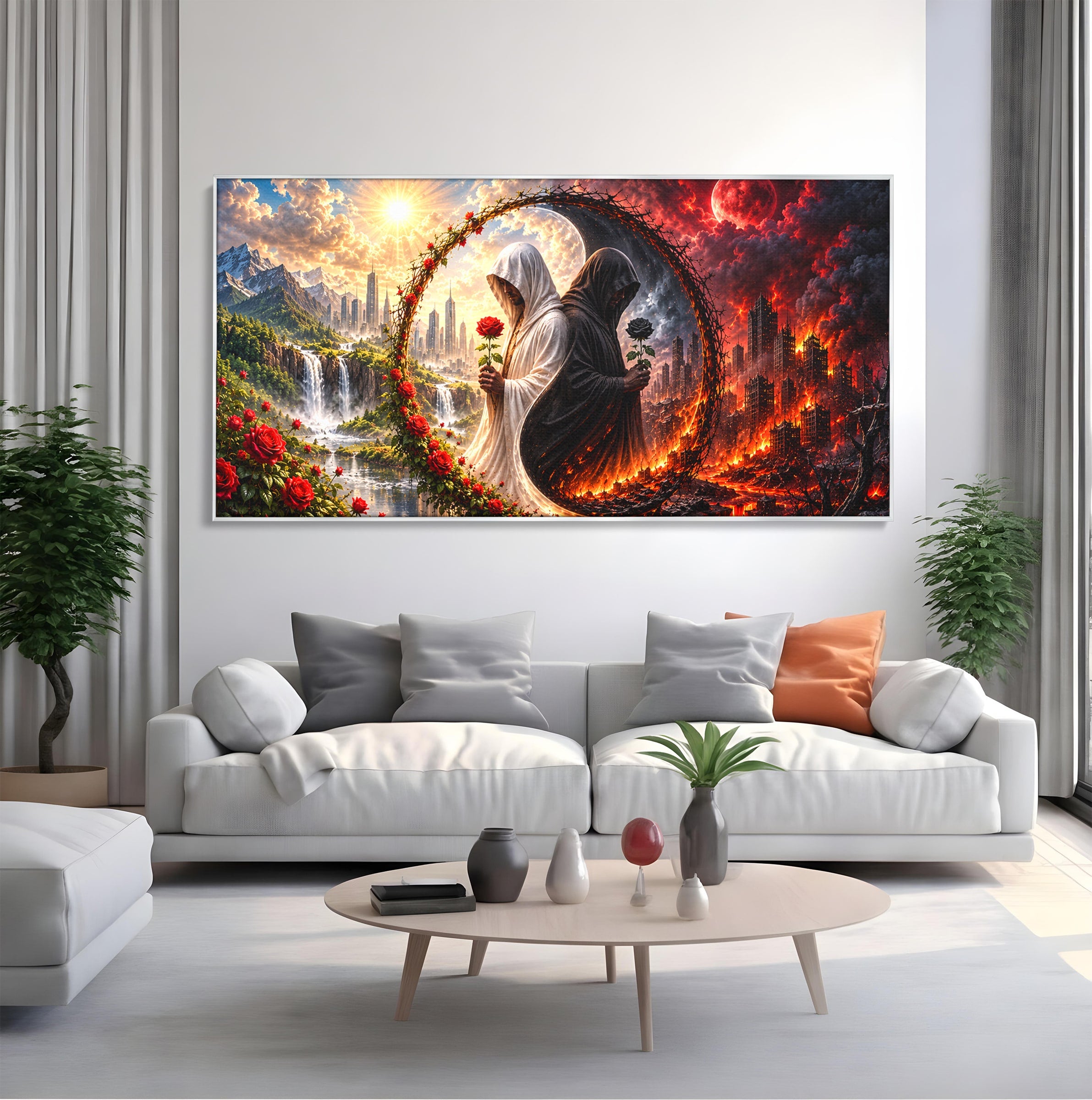 Tablou Canvas Premium LuxCanva® U1126, Echilibrul Dualitatii, Zi, Noapte, Echilibru, Mister, Dualitate, Living, Culori Vibrante