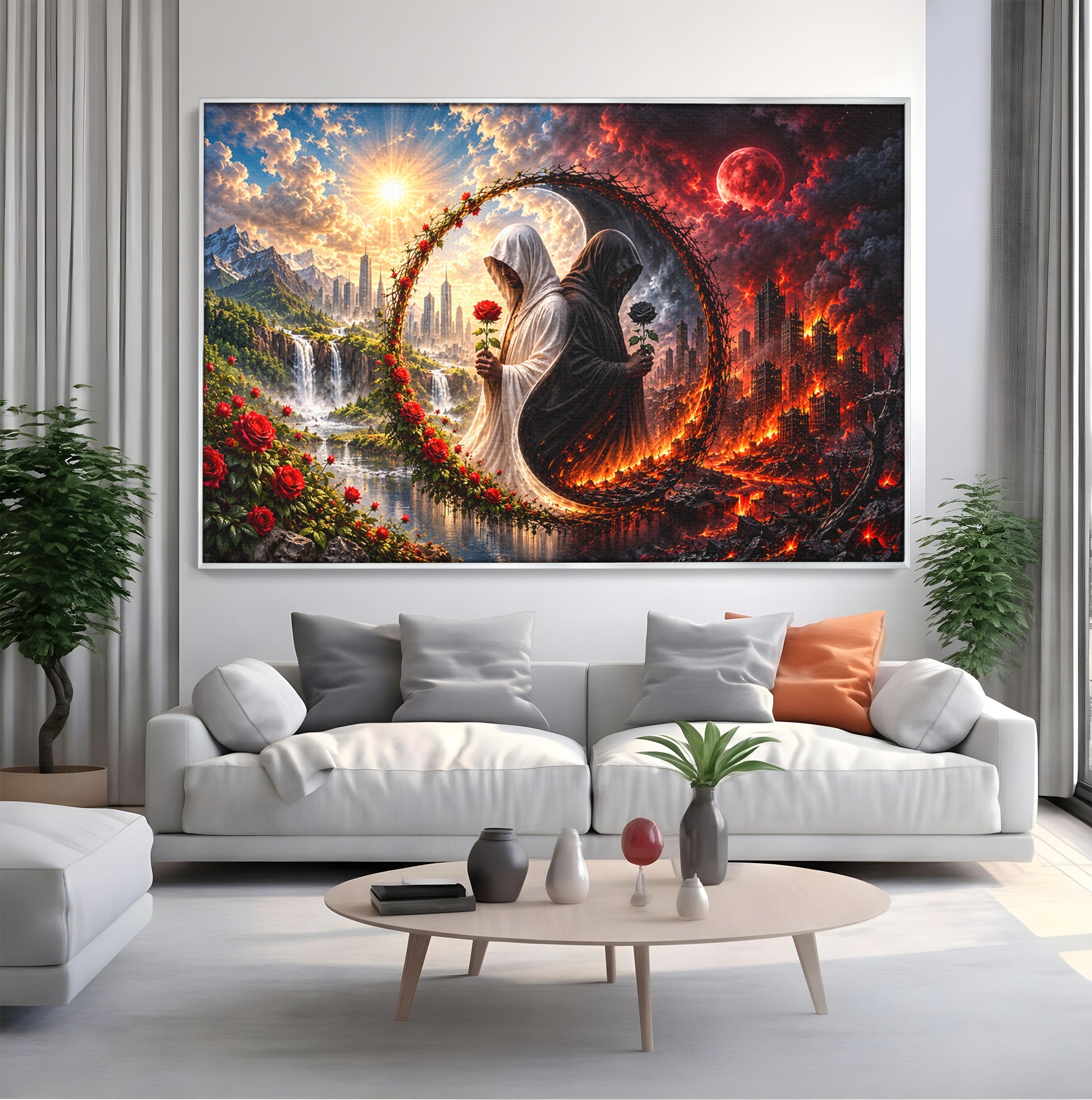 Tablou Canvas Premium LuxCanva® U1126, Echilibrul Dualitatii, Zi, Noapte, Echilibru, Mister, Dualitate, Living, Culori Vibrante