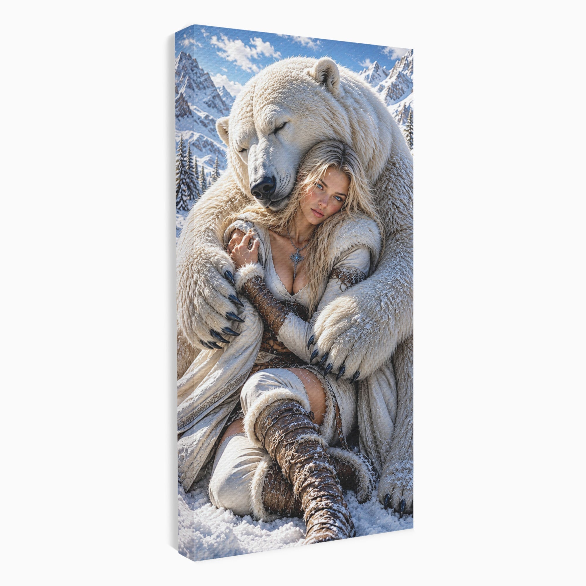 Tablou Canvas Premium LuxCanva® U1127, Imbratisarea Ursului Polar, Iarna, Femeie, Natura,  Urs, Polar, Living, Culori Vibrante